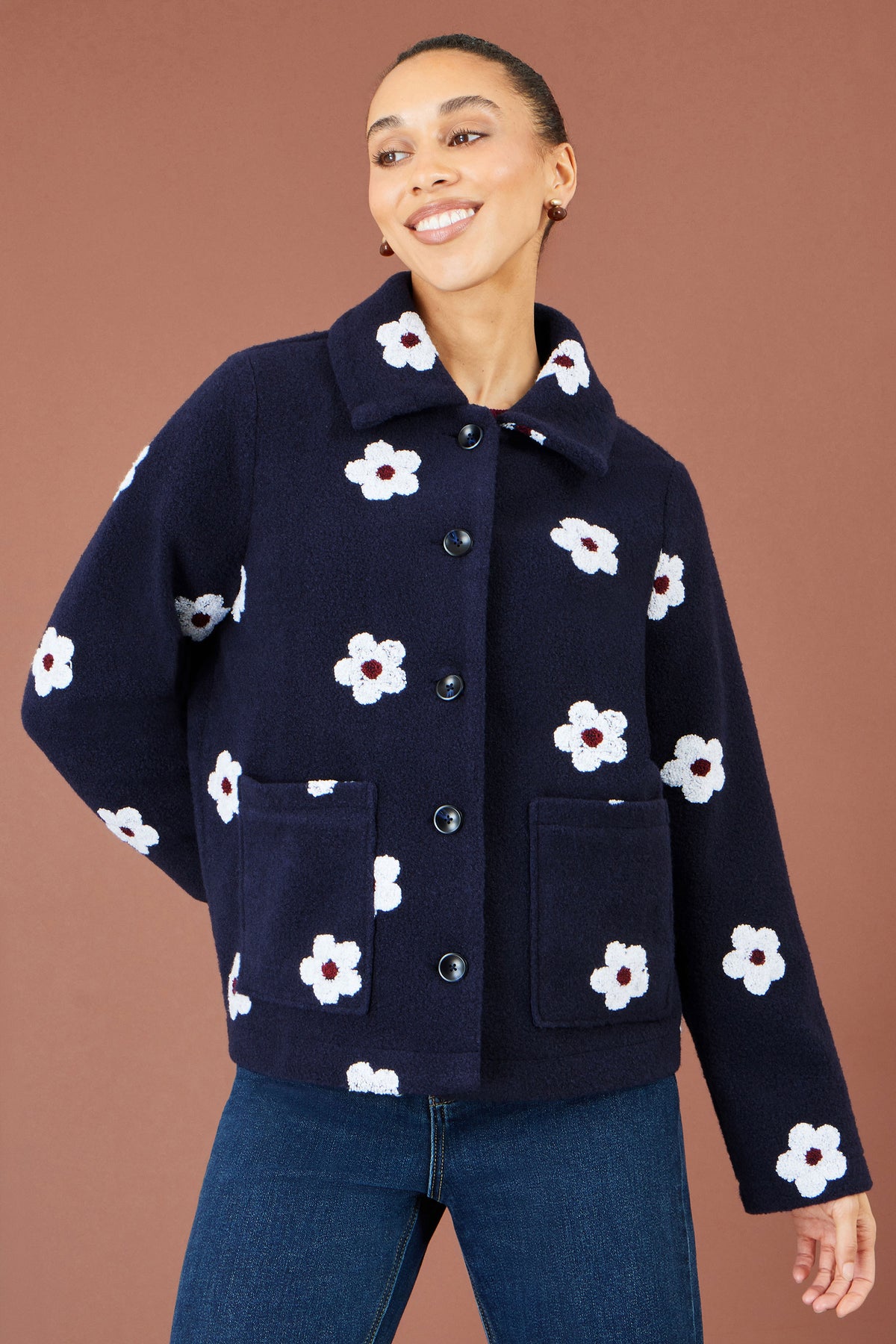Yumi Navy Embroidered Daisy Fleece Jacket Outerwear Yumi