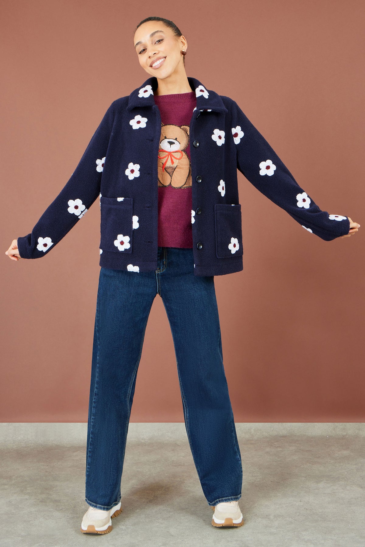 Yumi Navy Embroidered Daisy Fleece Jacket Outerwear Yumi