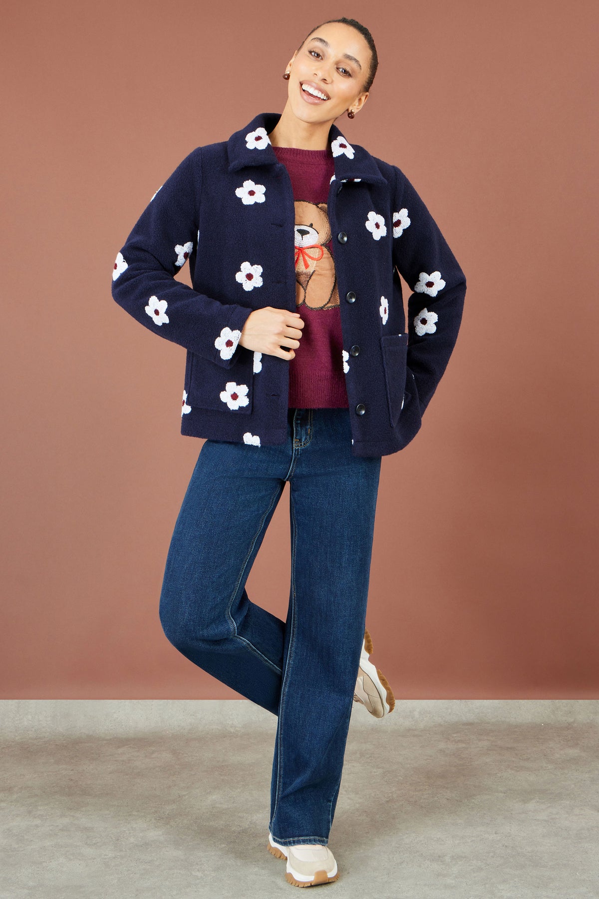 Yumi Navy Embroidered Daisy Fleece Jacket Outerwear Yumi