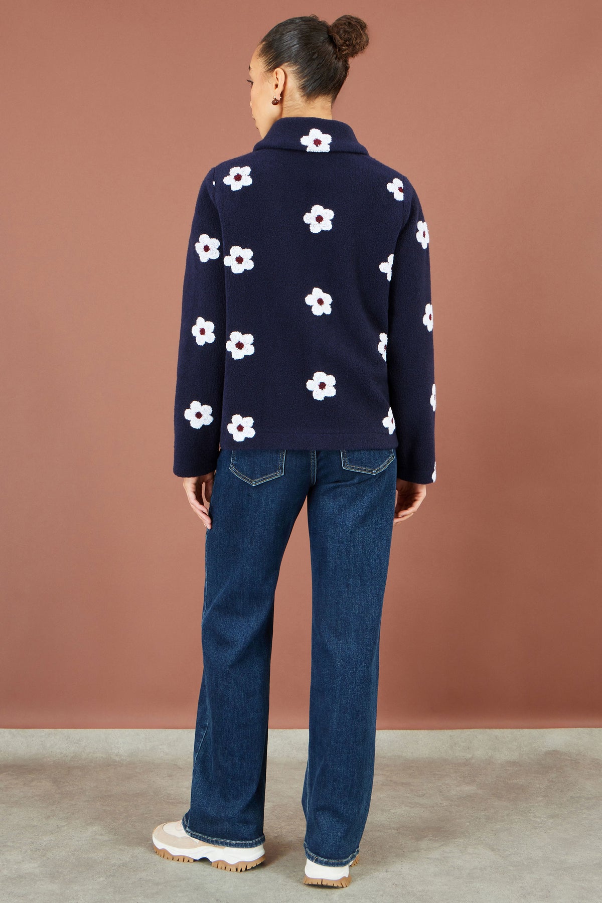 Yumi Navy Embroidered Daisy Fleece Jacket Outerwear Yumi