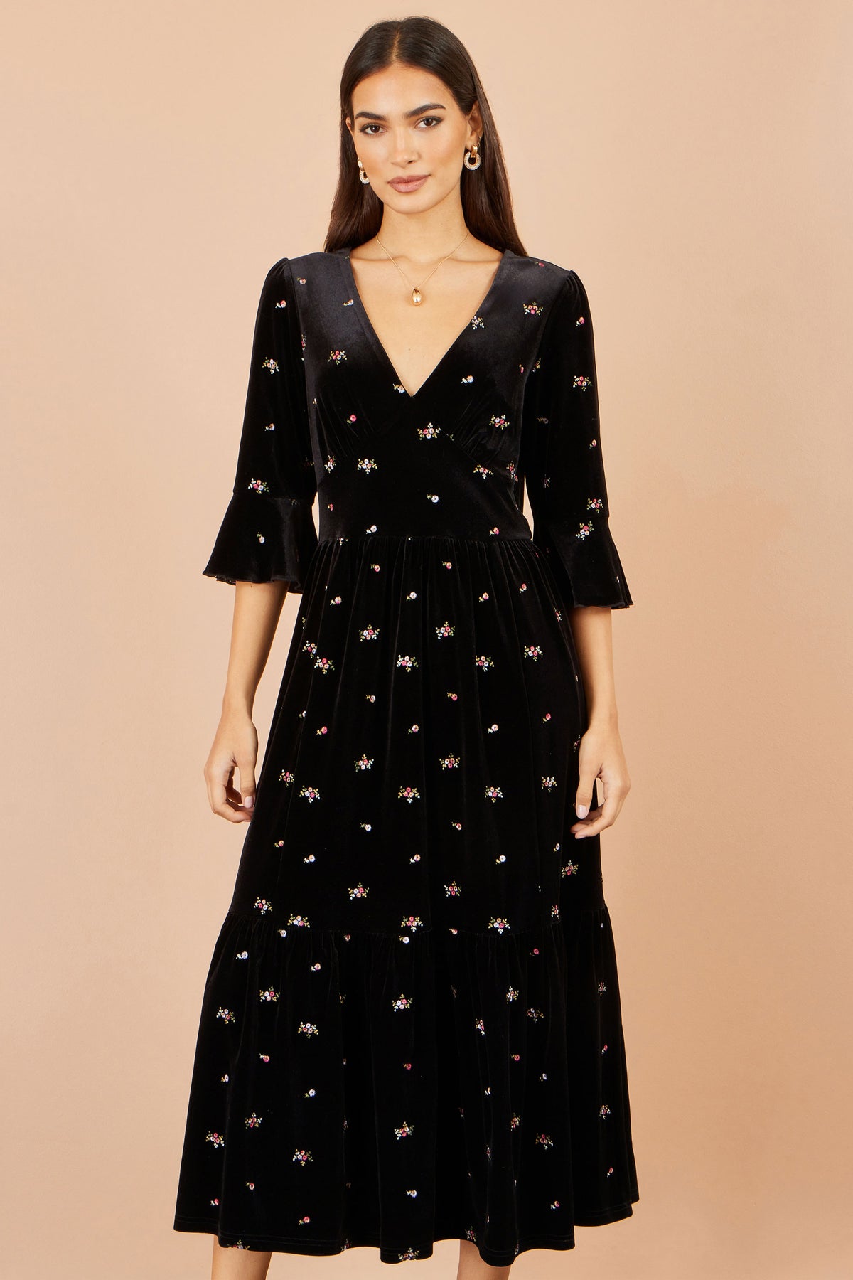 Yumi Black Velvet Embroidered Midi Dress Dress Party Yumi