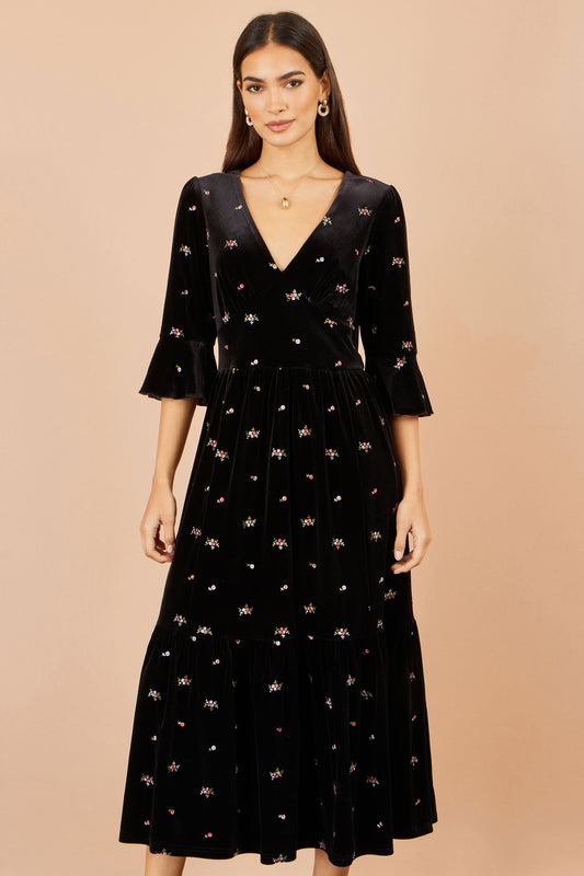 Yumi Black Velvet Embroidered Midi Dress Dress Party Yumi