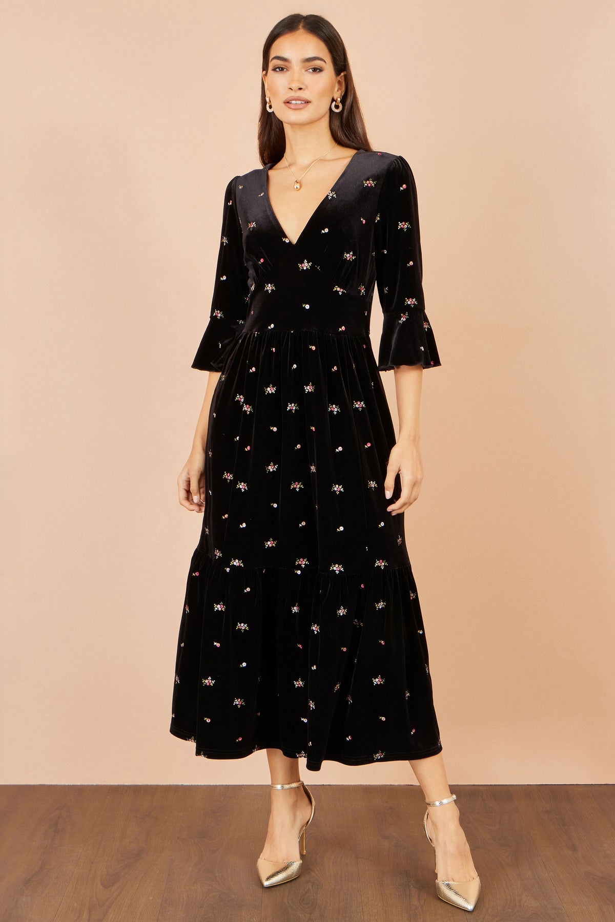Yumi Black Velvet Embroidered Midi Dress Dress Party Yumi