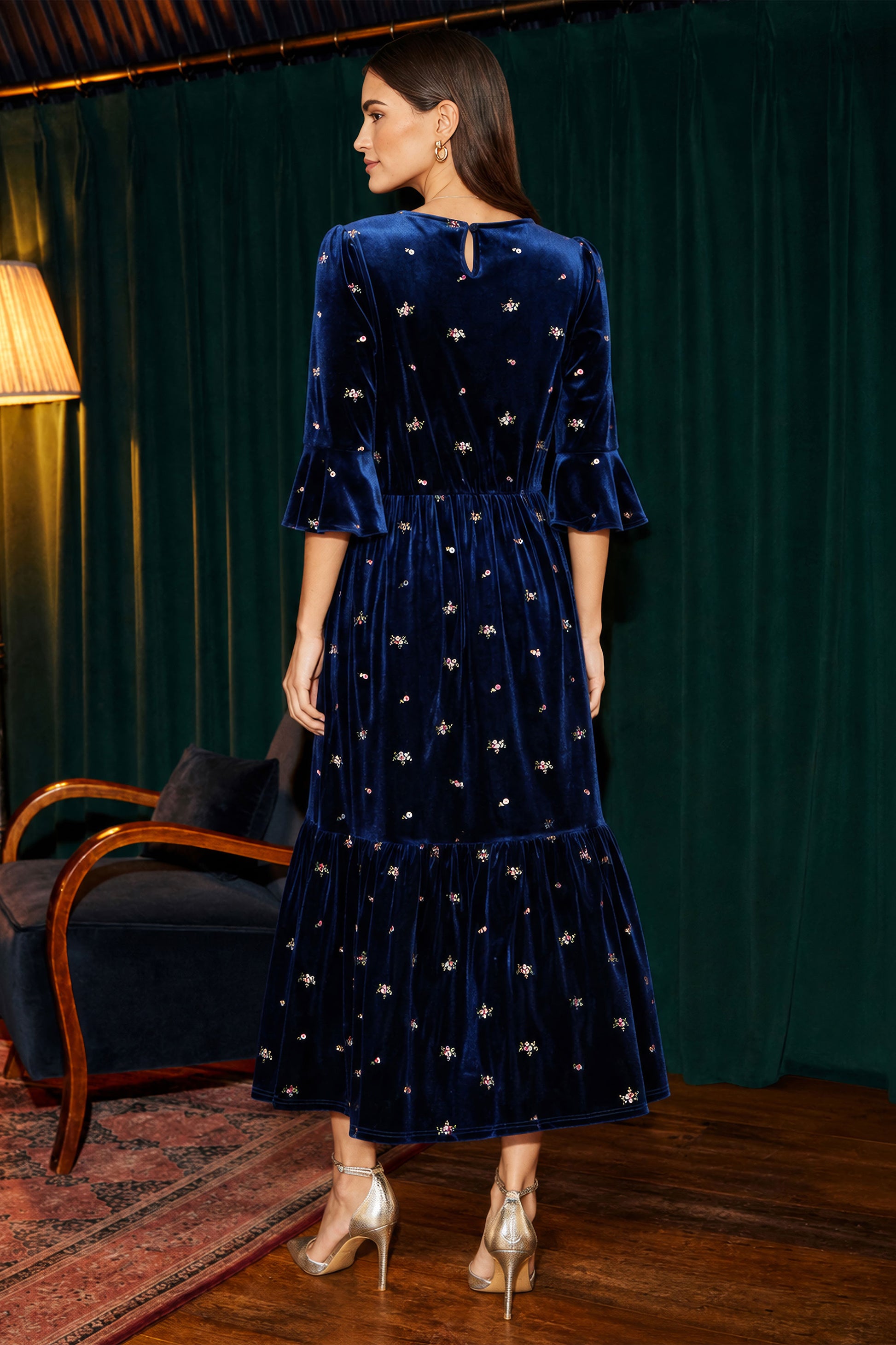 Yumi Navy Velvet Embroidered Midi Dress Dress Party Yumi