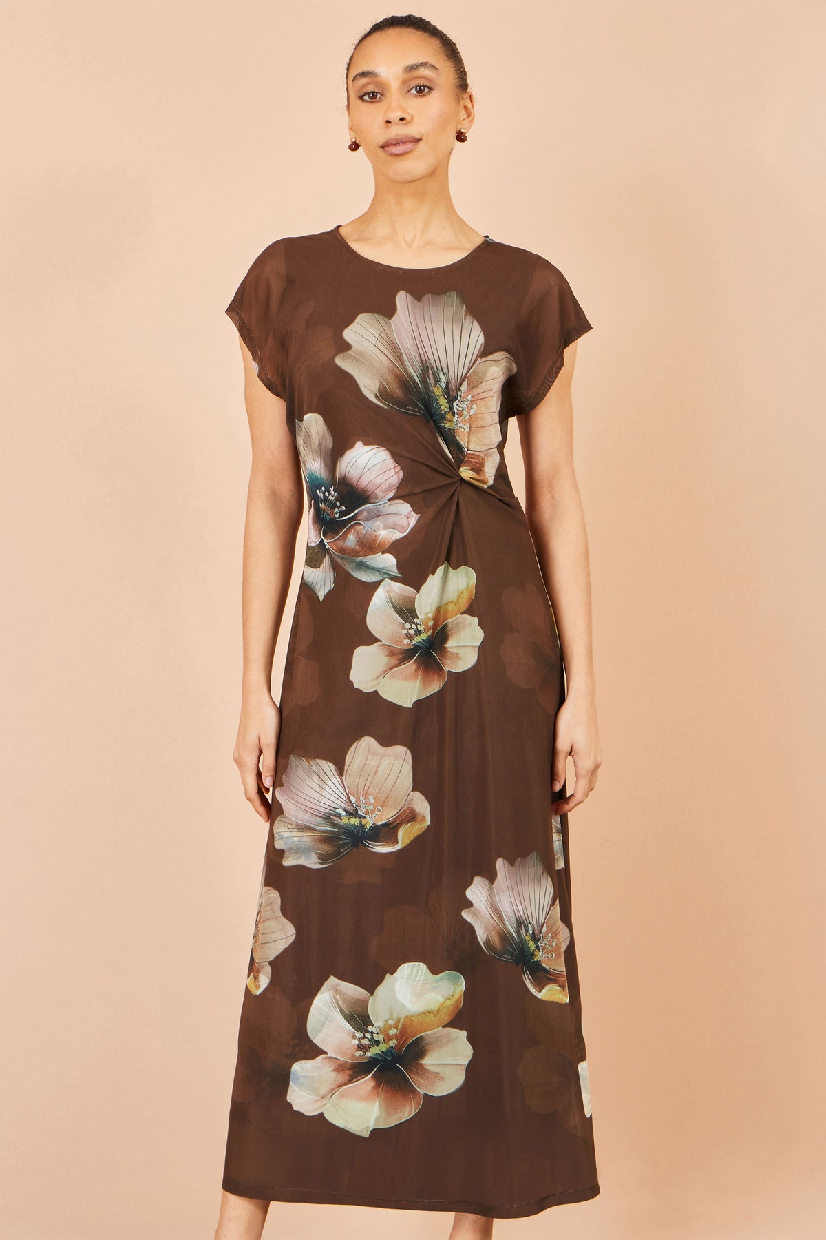 Yumi Brown Mesh Floral Midi Dress Dress Casual Yumi