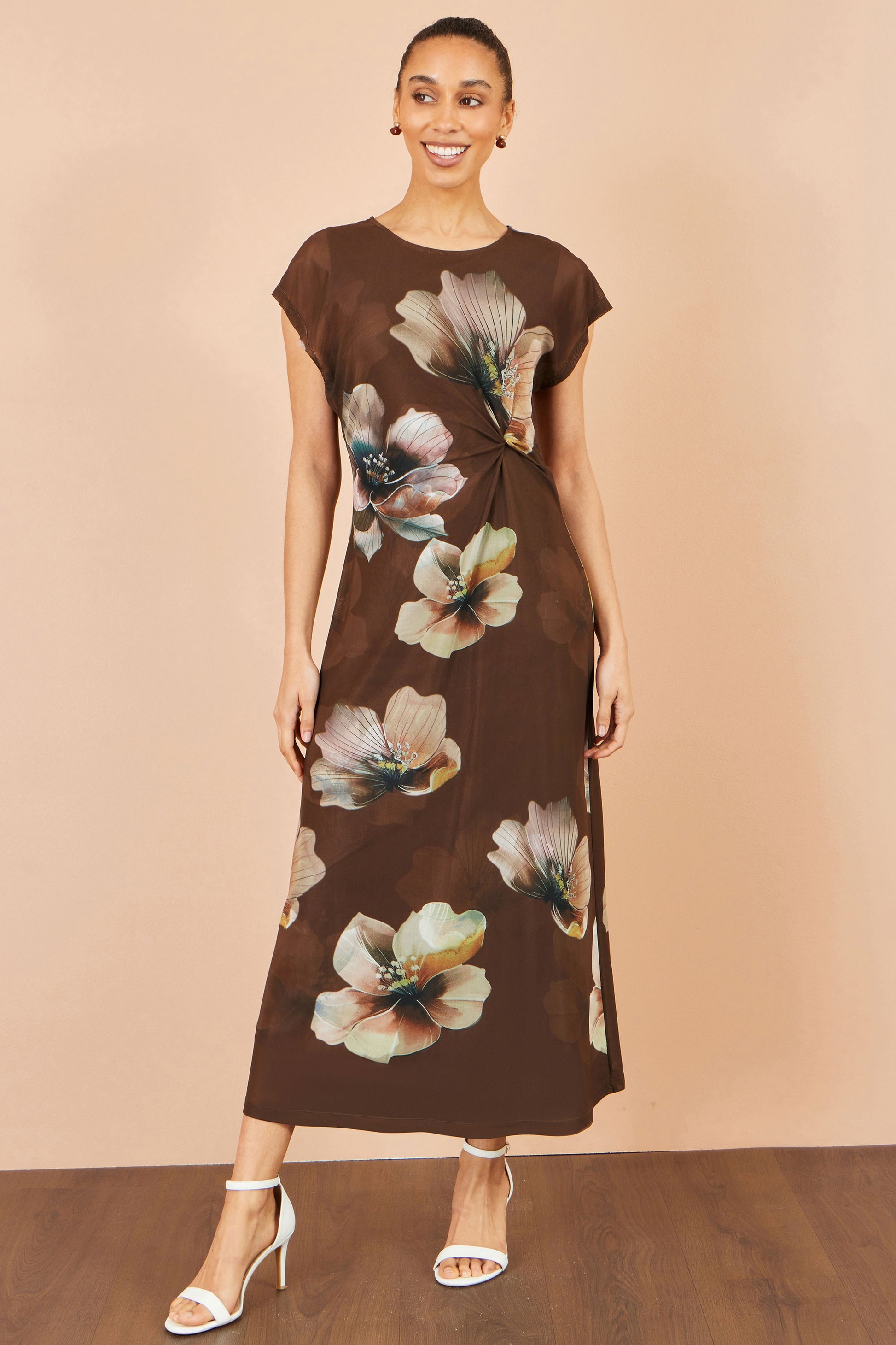 Yumi Brown Mesh Floral Midi Dress Dress Casual Yumi