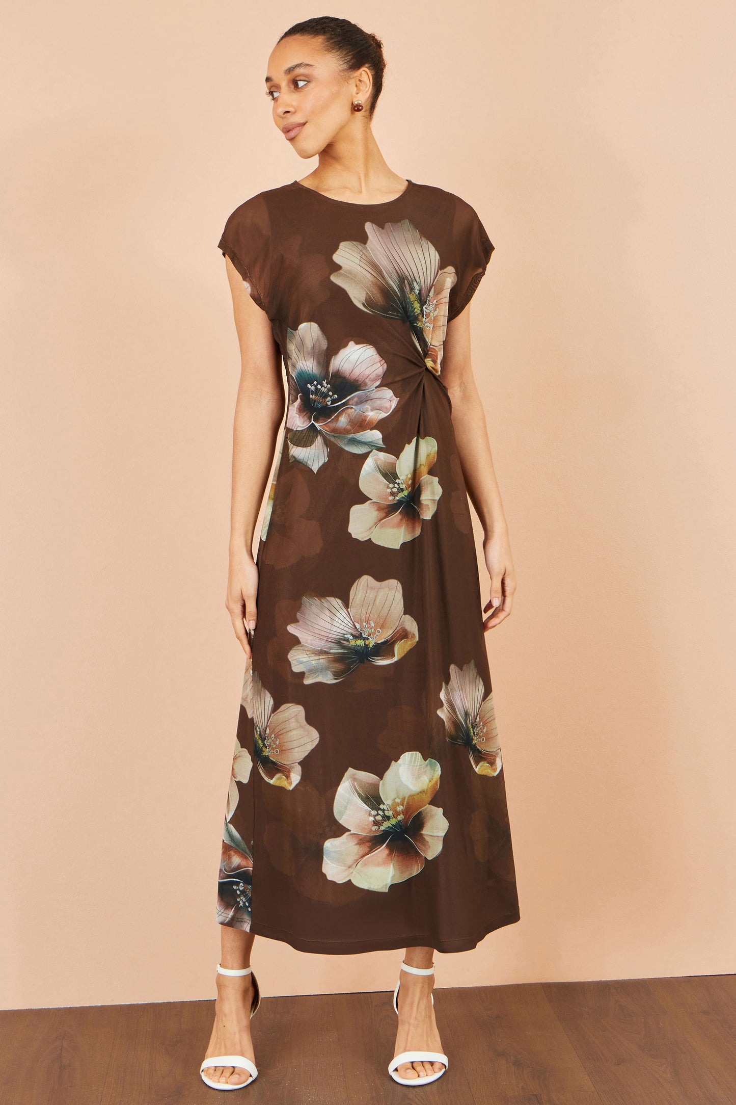 Yumi Brown Mesh Floral Midi Dress Dress Casual Yumi