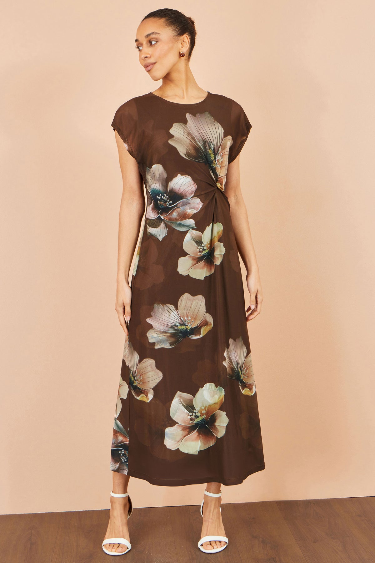 Yumi Brown Mesh Floral Midi Dress Dress Casual Yumi