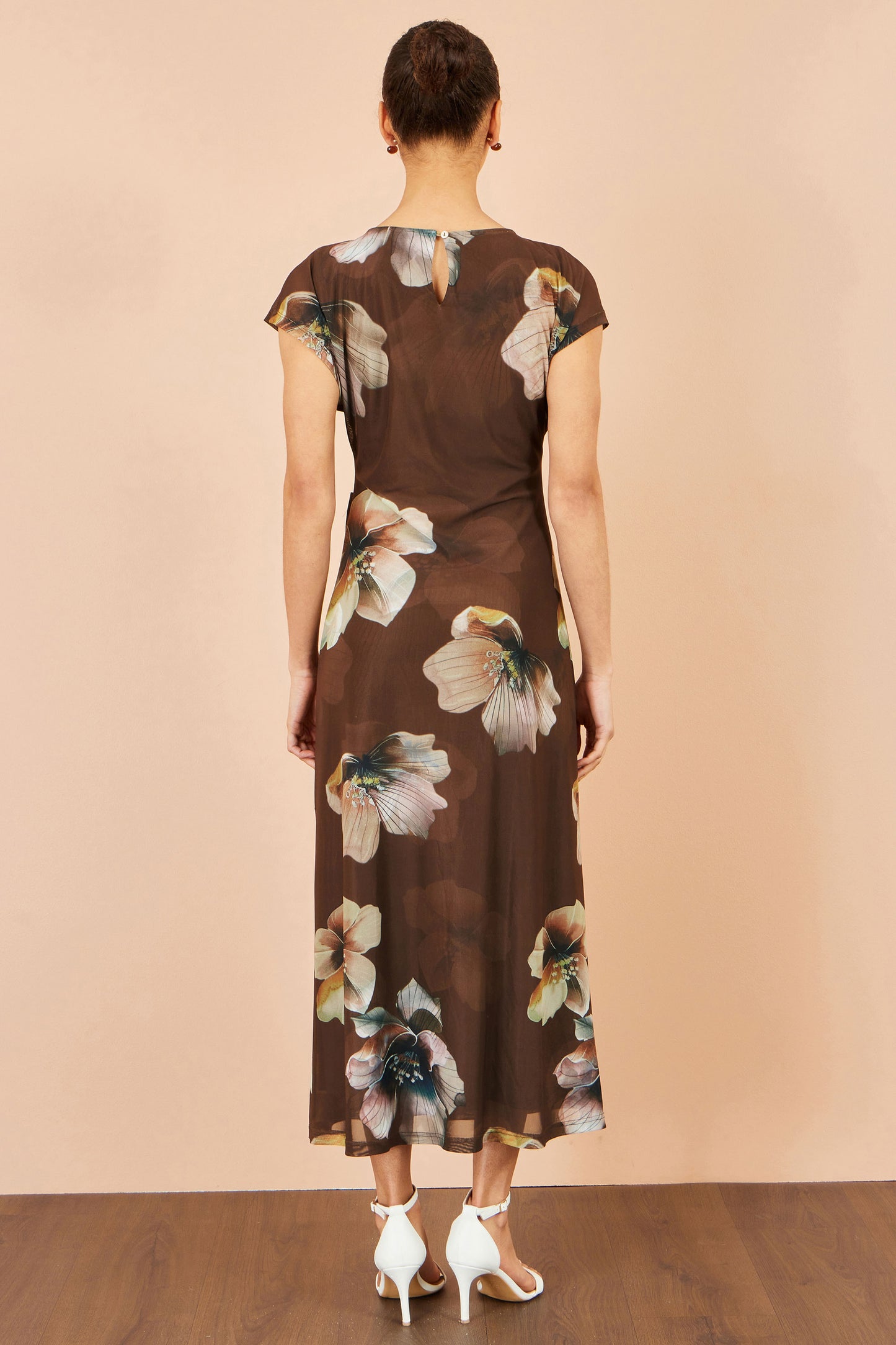 Yumi Brown Mesh Floral Midi Dress Dress Casual Yumi