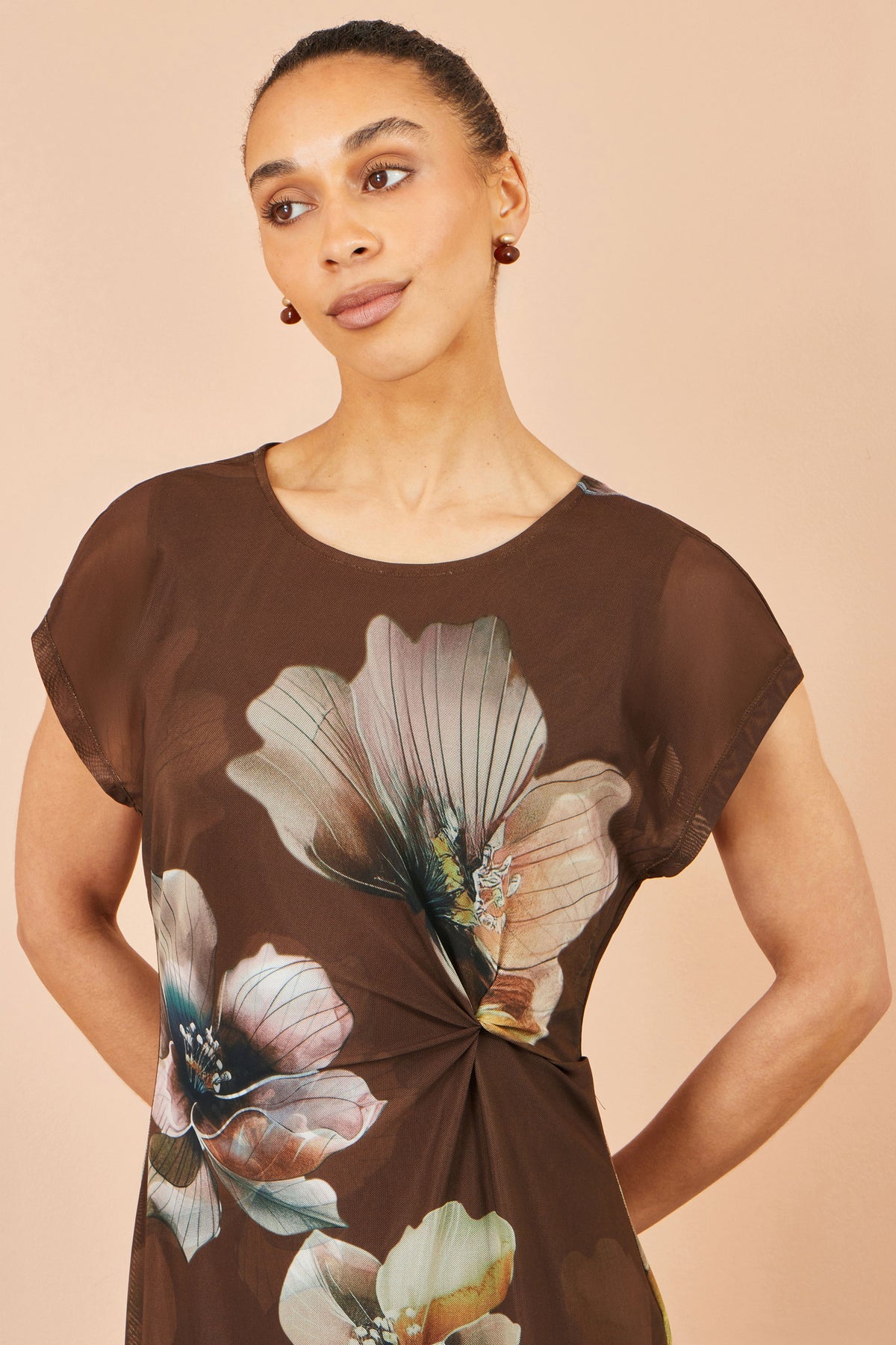 Yumi Brown Mesh Floral Midi Dress Dress Casual Yumi