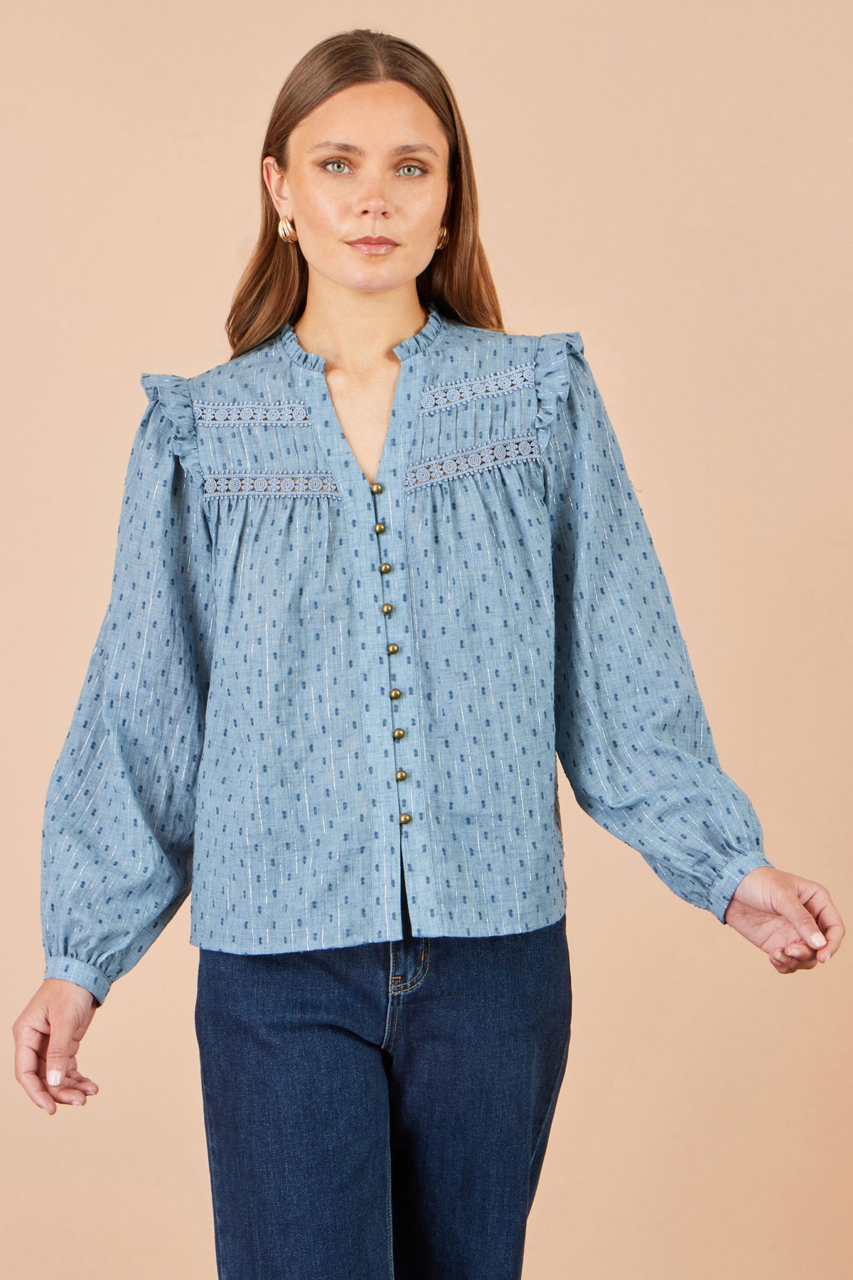 Yumi Blue Cotton Lace Detail Shirt Tops Yumi
