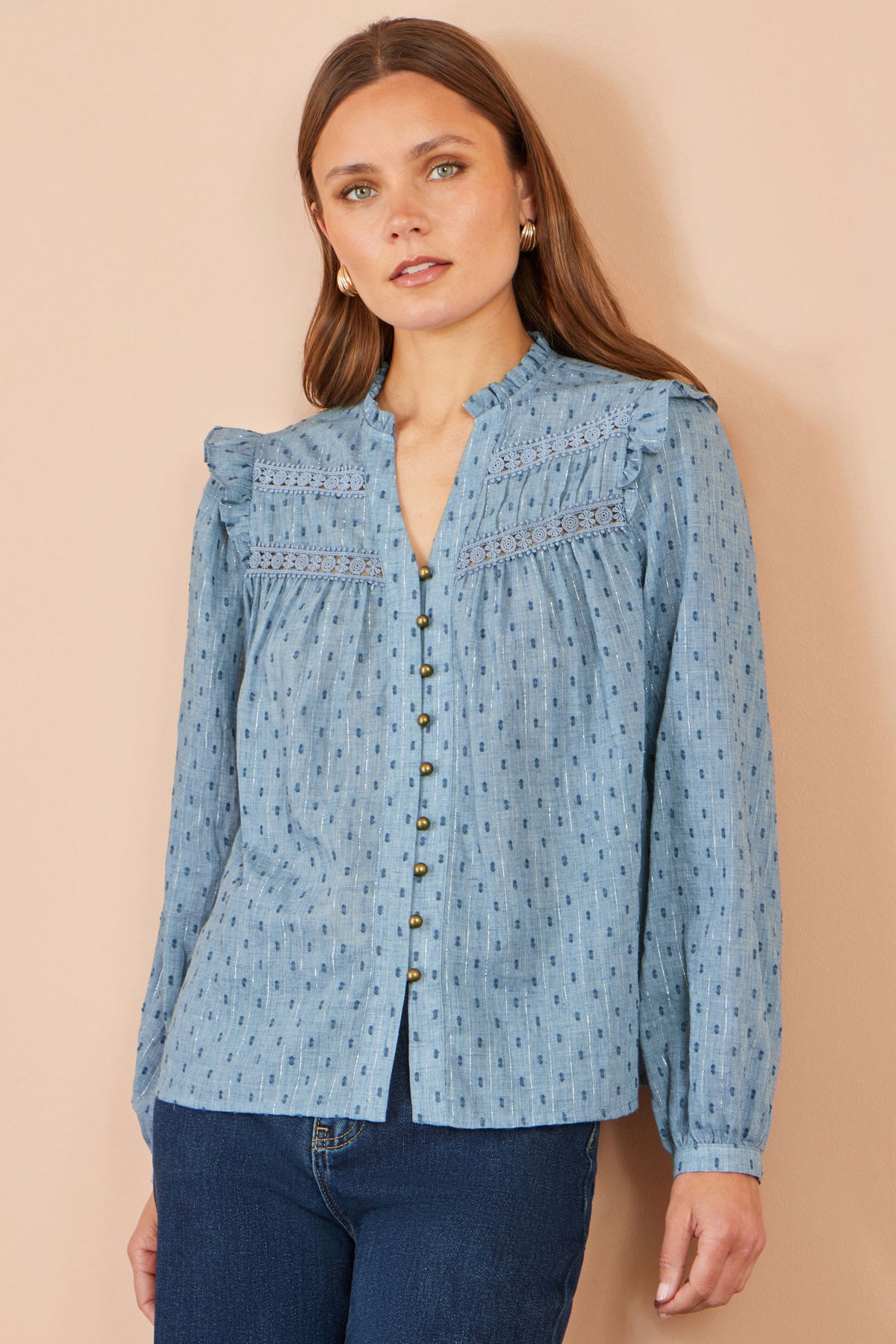Yumi Blue Cotton Lace Detail Shirt Tops Yumi