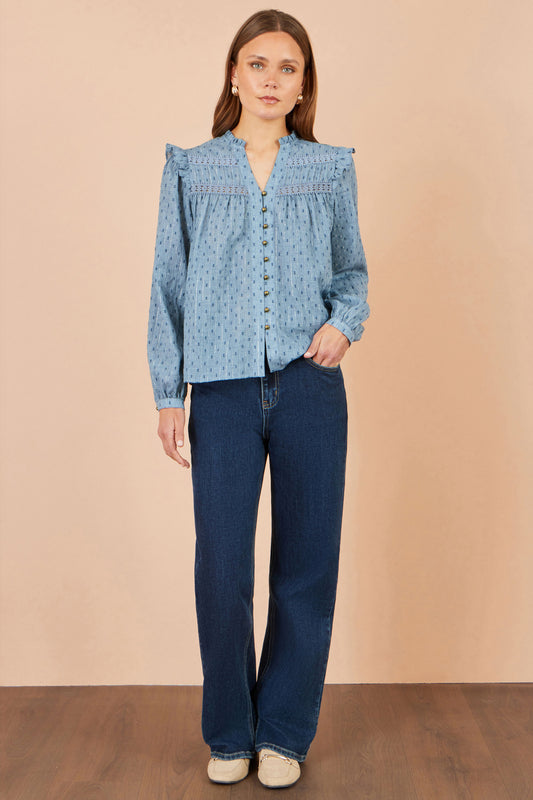 Yumi Blue Cotton Lace Detail Shirt Tops Yumi