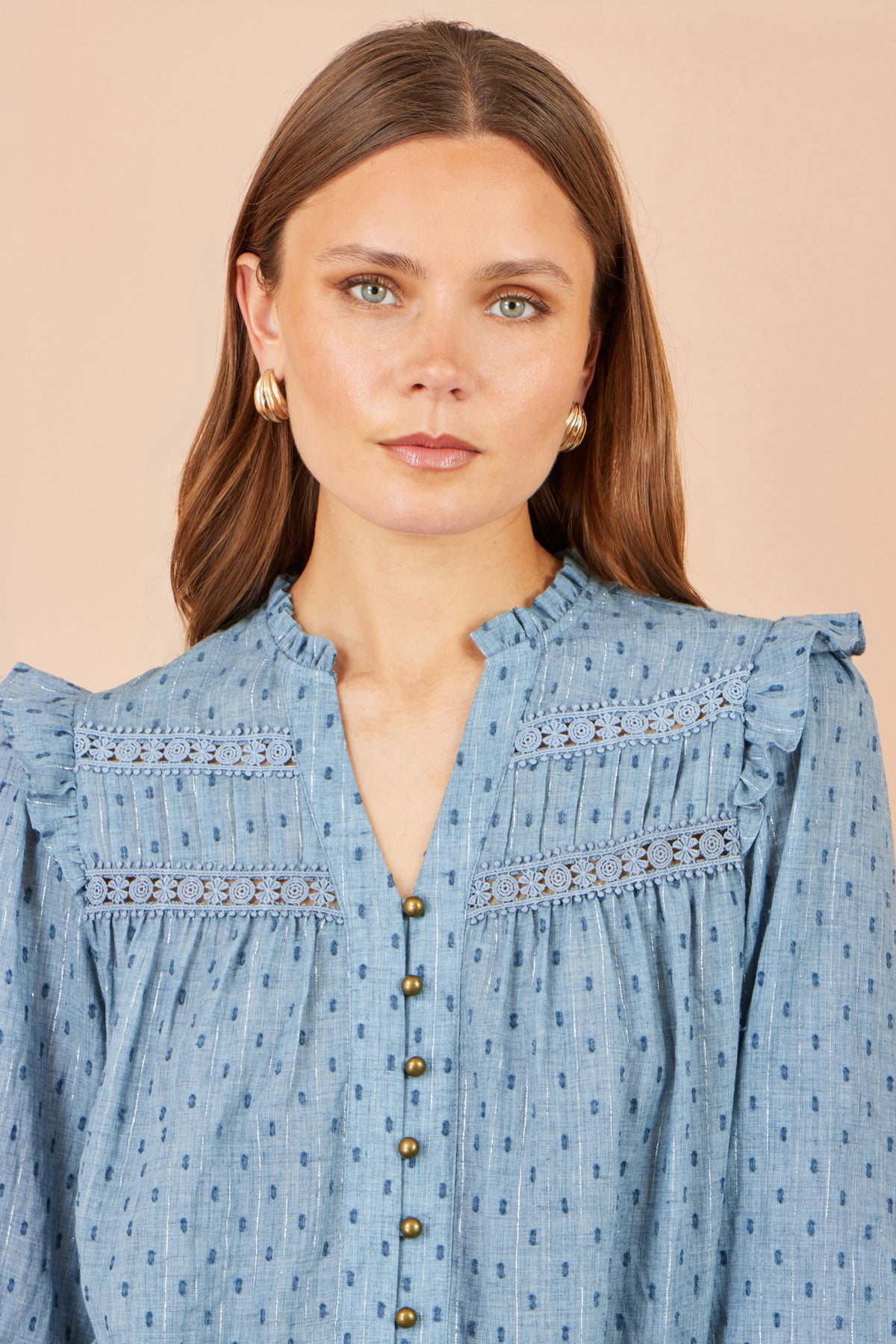 Yumi Blue Cotton Lace Detail Shirt Tops Yumi