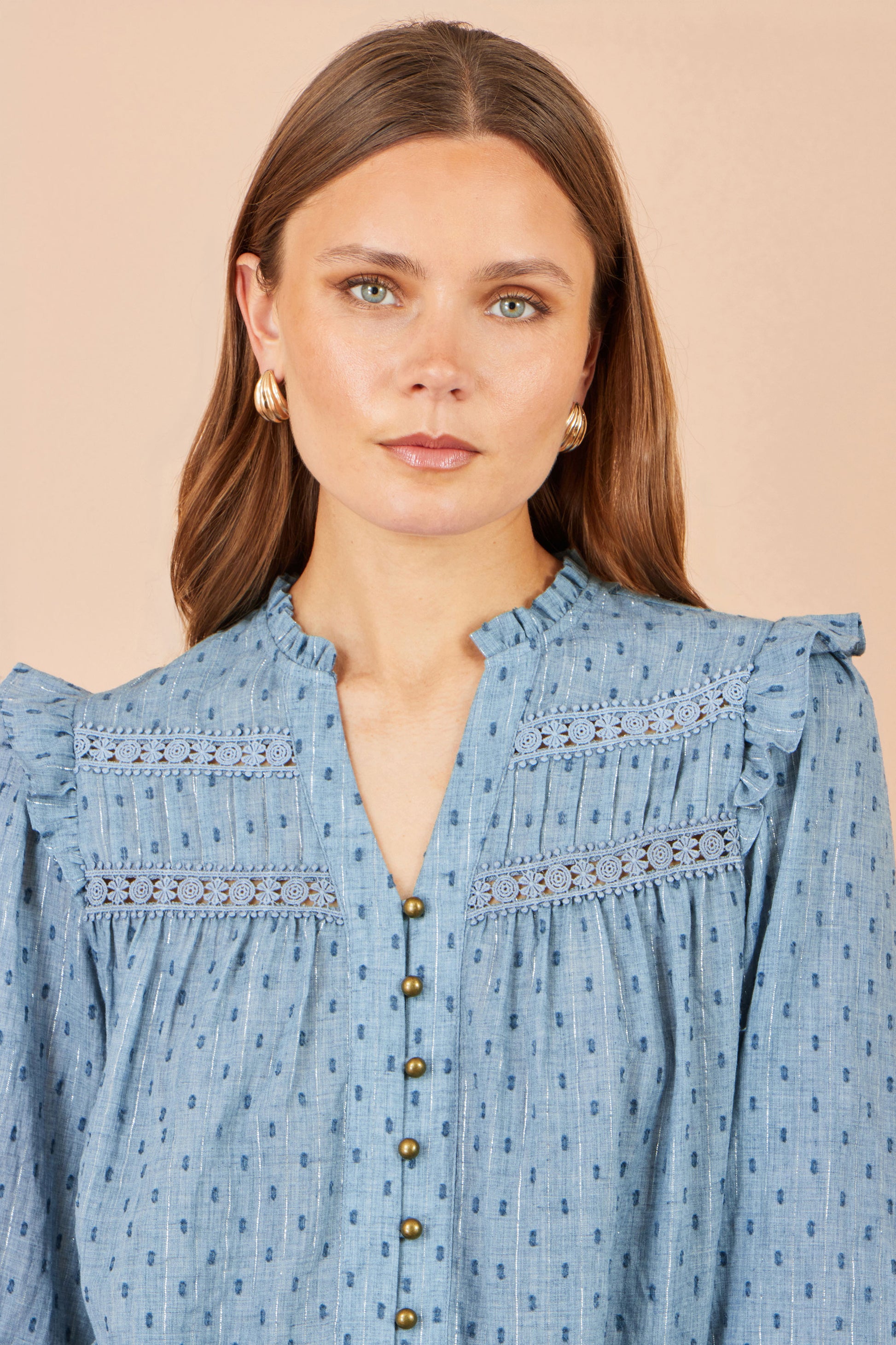Yumi Blue Cotton Lace Detail Shirt Tops Yumi