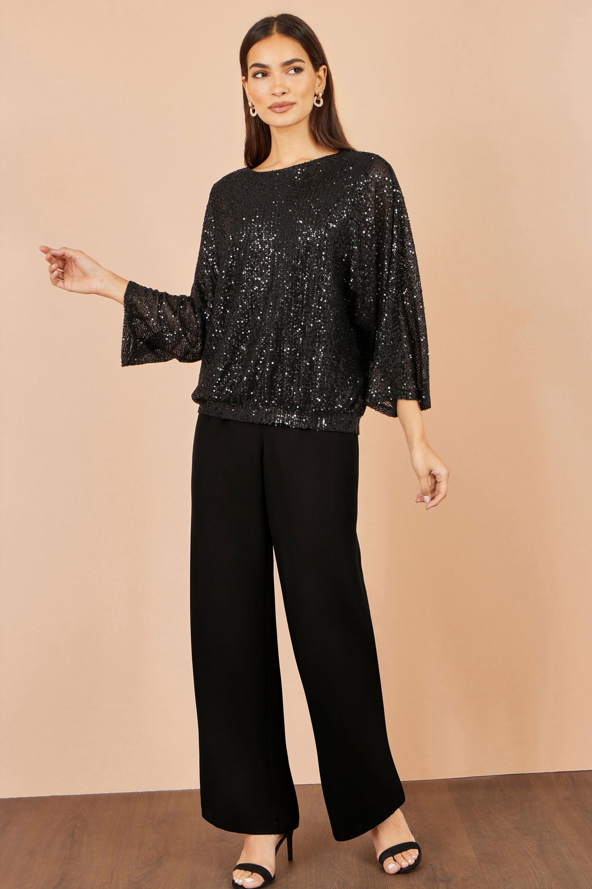 Yumi Black All Over Sequin Batwing Top Tops Yumi