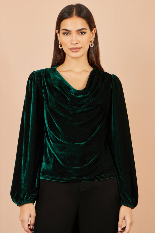Yumi Green Velvet Ruched Cowl Neck Top Tops Yumi