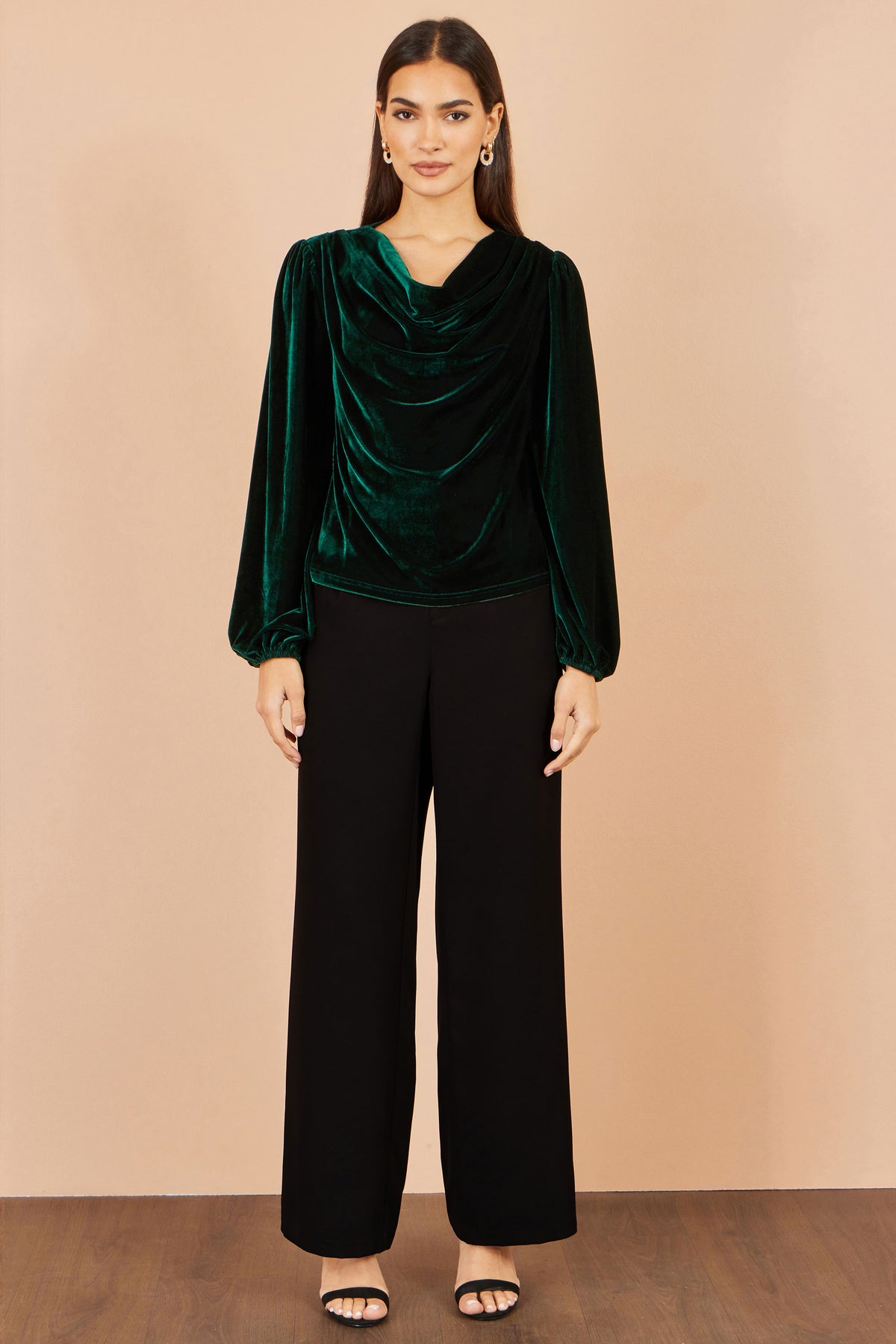 Yumi Green Velvet Ruched Cowl Neck Top Tops Yumi