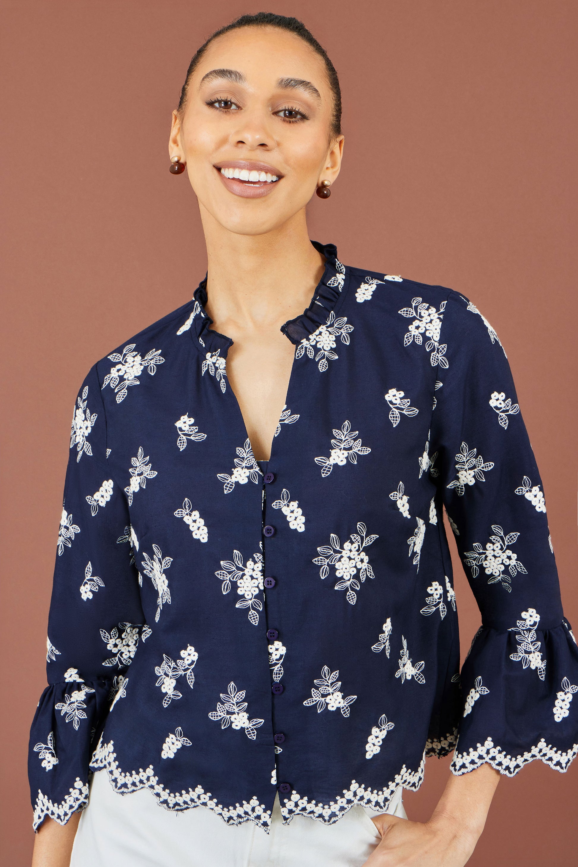 Yumi Navy Broderie Shirt With Fluted Sleeves Tops Yumi