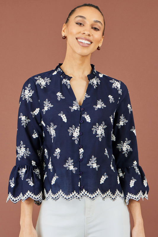 Yumi Navy Broderie Shirt With Fluted Sleeves Tops Yumi
