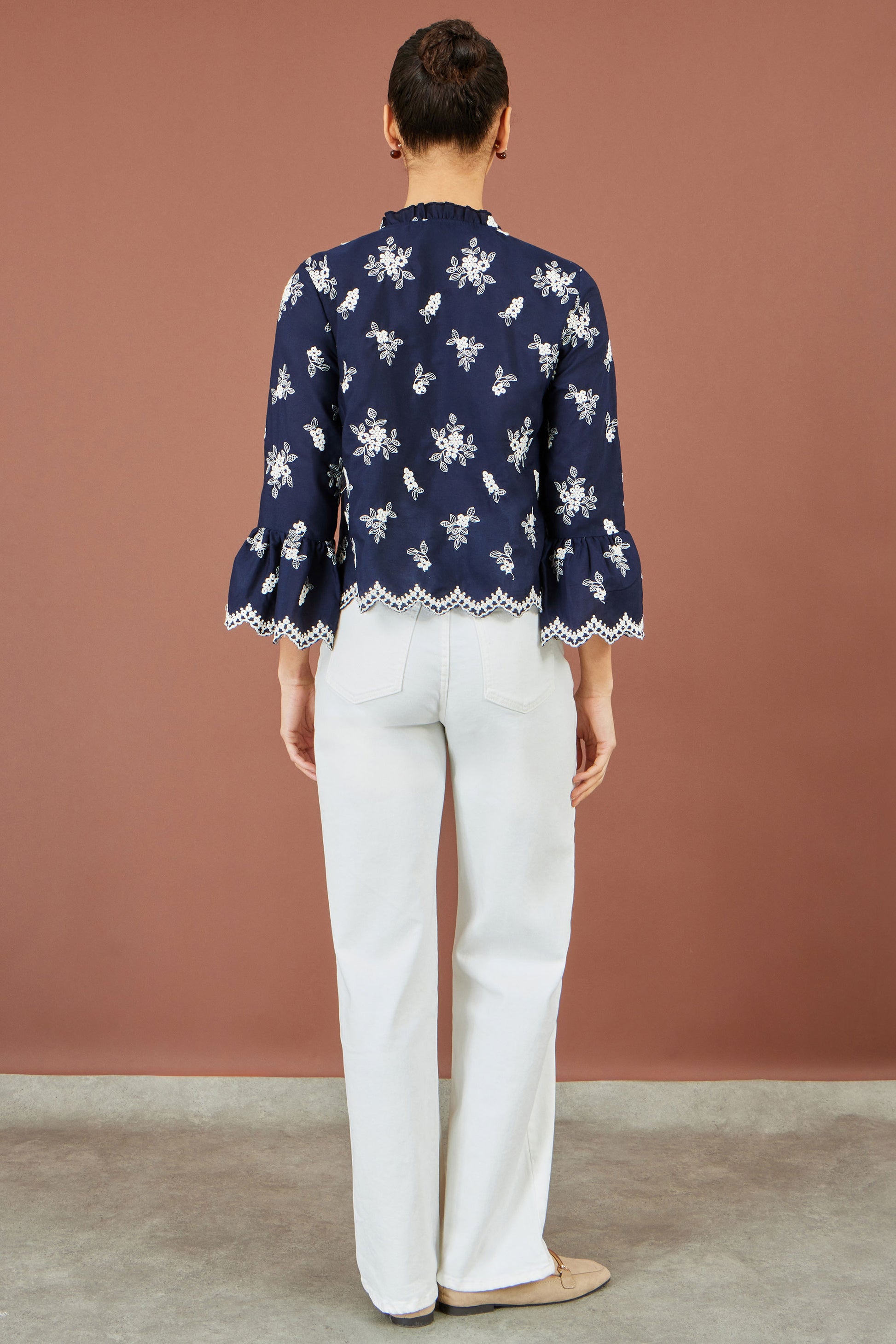 Yumi Navy Broderie Shirt With Fluted Sleeves Tops Yumi
