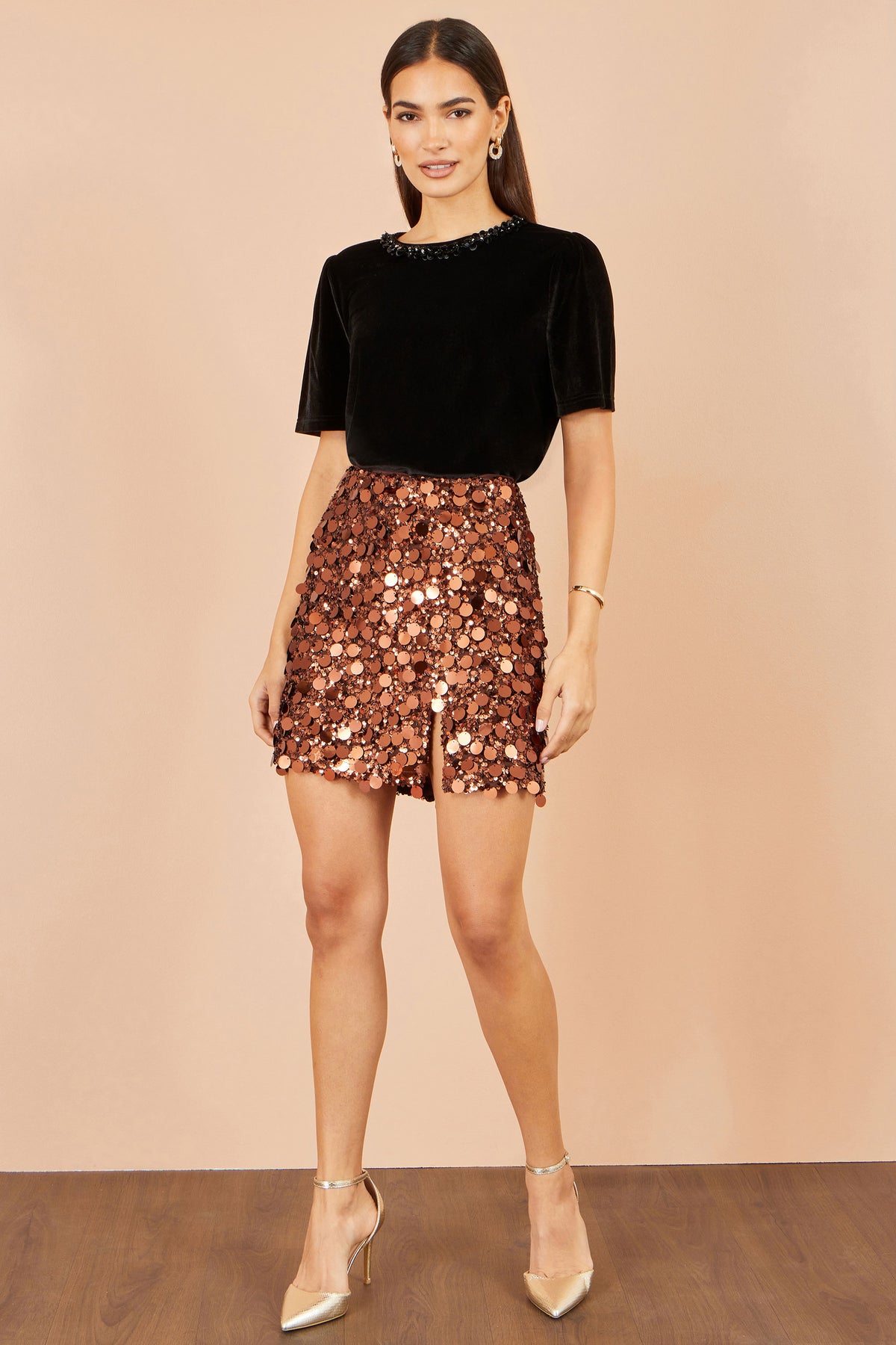 Yumi Copper Big Sequin Mini Skirt Skirts Yumi
