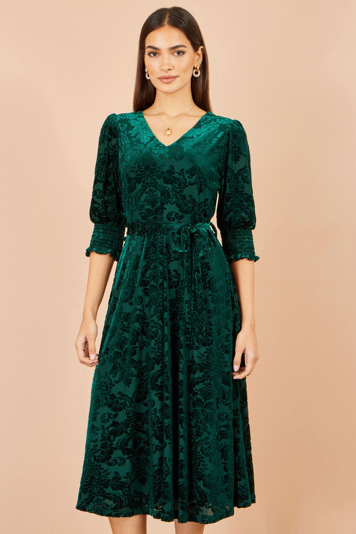 Yumi Green Velvet Floral Midi Dress Dress Party Yumi