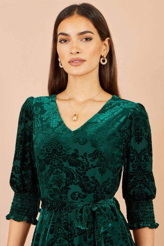 Yumi Green Velvet Floral Midi Dress Dress Party Yumi