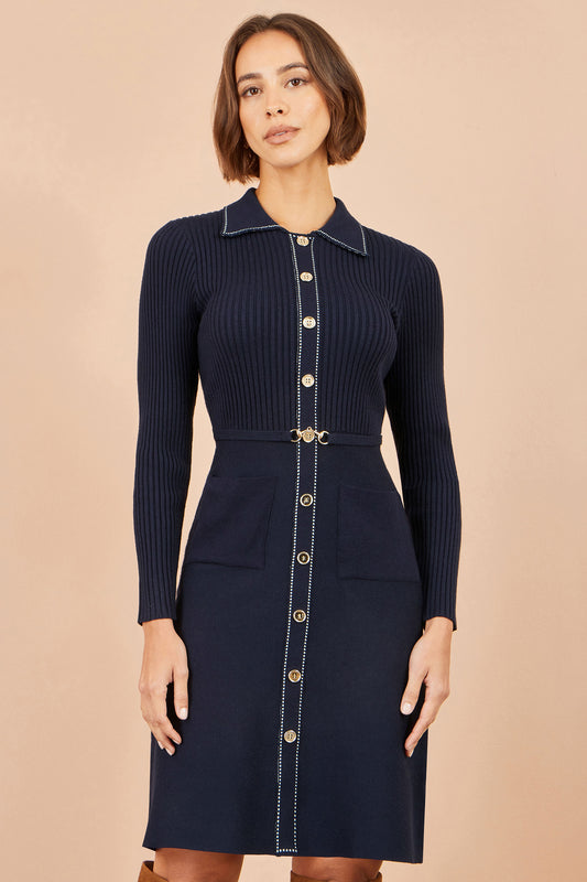 Yumi Navy Rib Knit Skater Shirt Dress Knit Dress Yumi