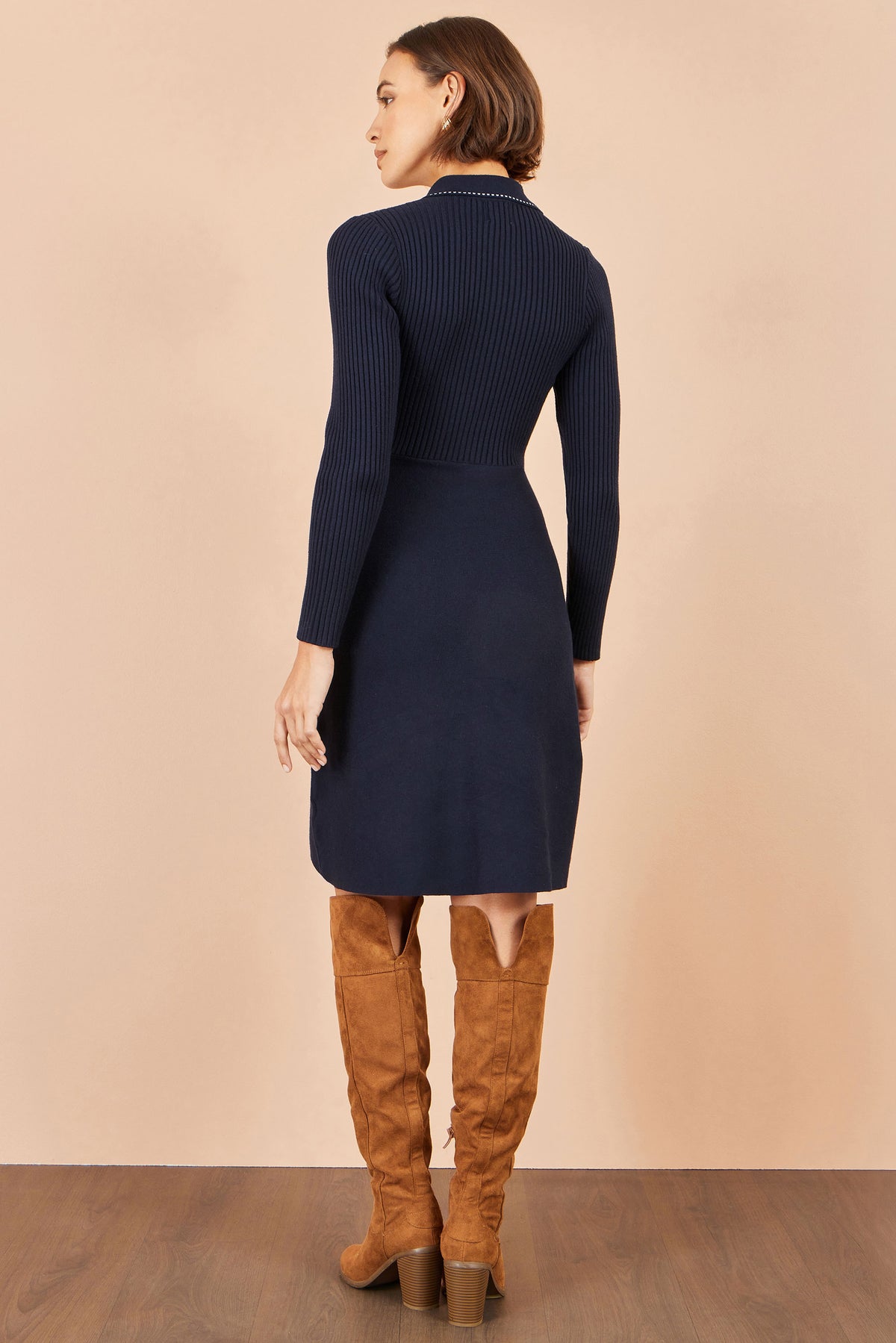 Yumi Navy Rib Knit Skater Shirt Dress Knit Dress Yumi