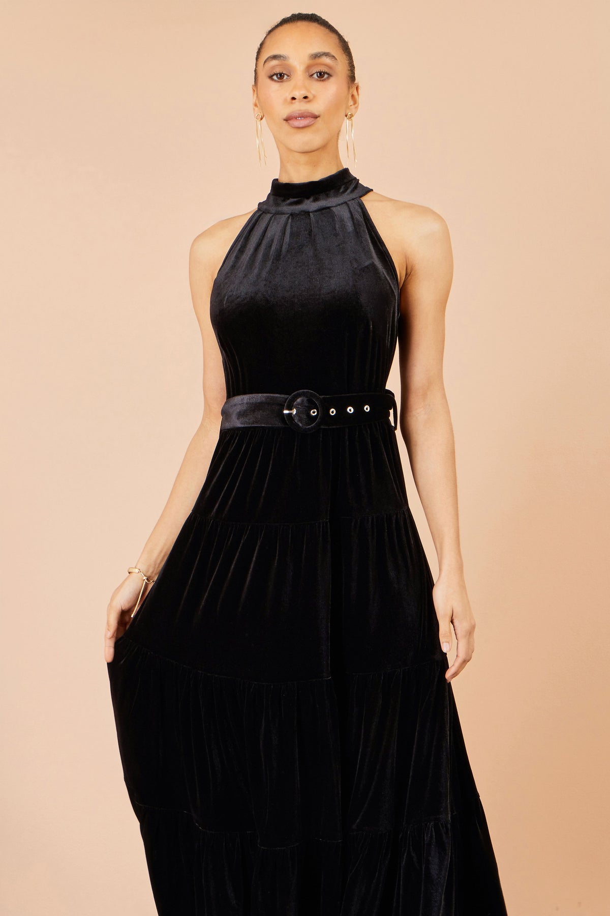 Yumi Black Velvet Halter Maxi Dress With Belt Dress Party Yumi
