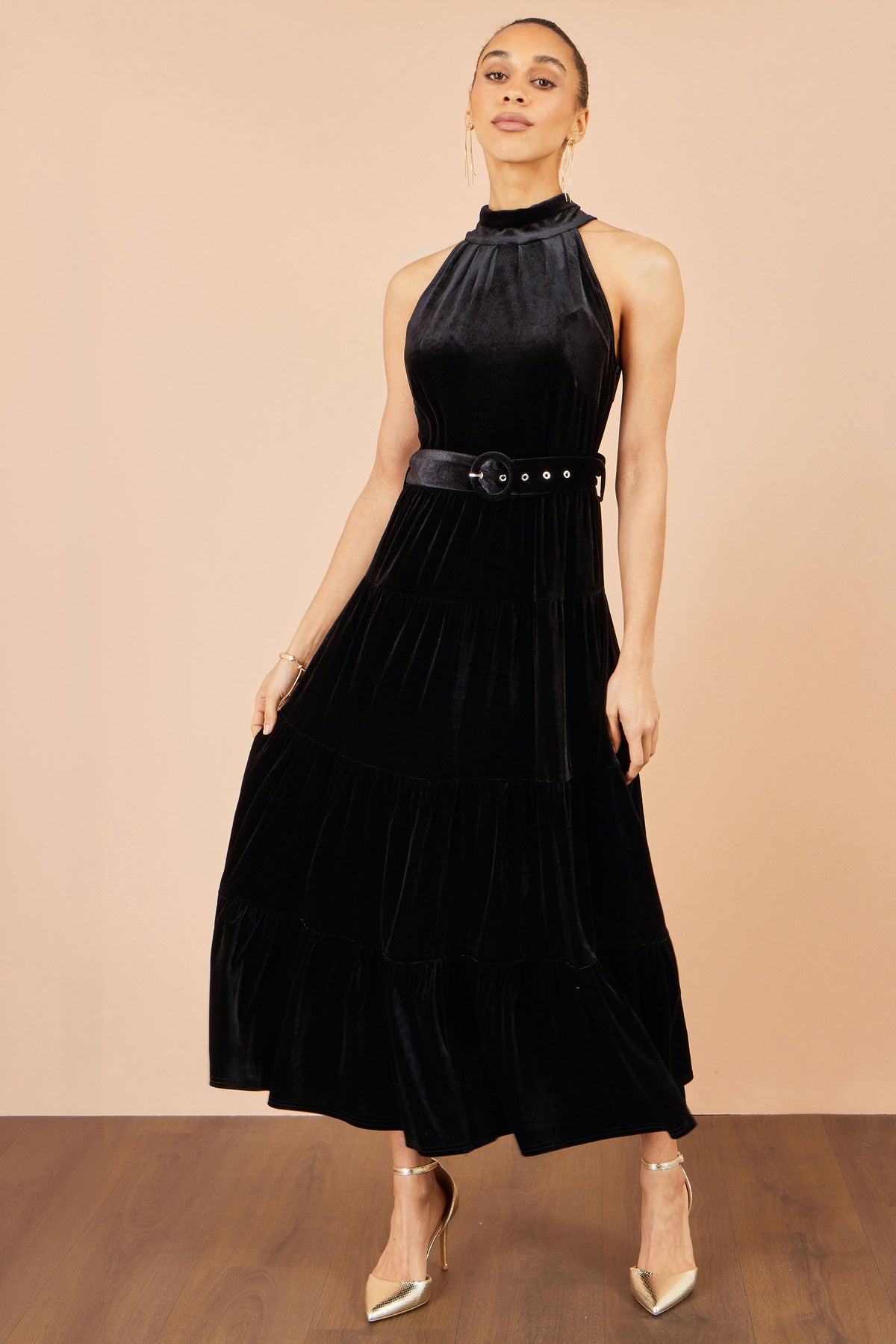 Yumi Black Velvet Halter Maxi Dress With Belt Dress Party Yumi