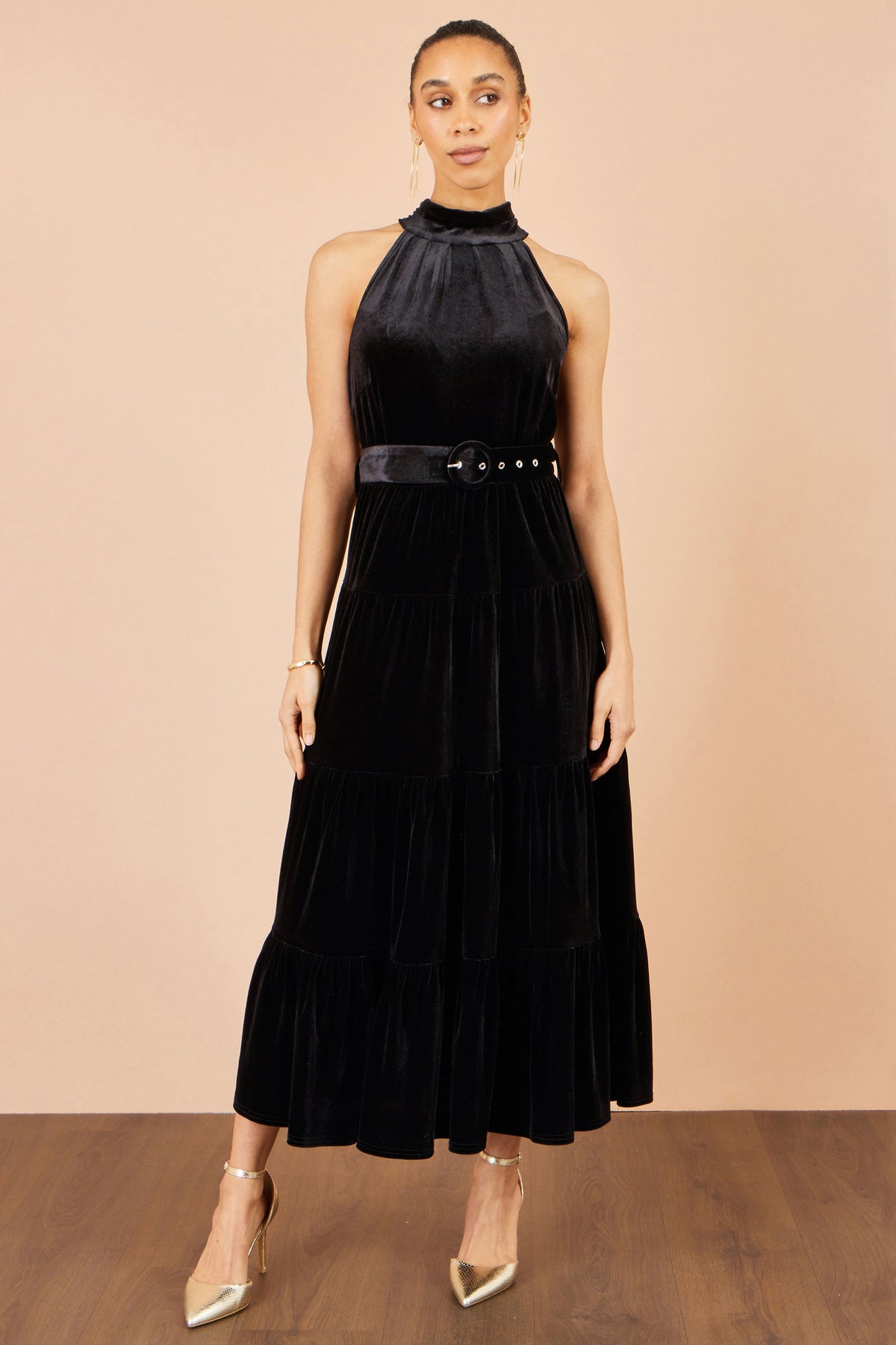 Yumi Black Velvet Halter Maxi Dress With Belt Dress Party Yumi