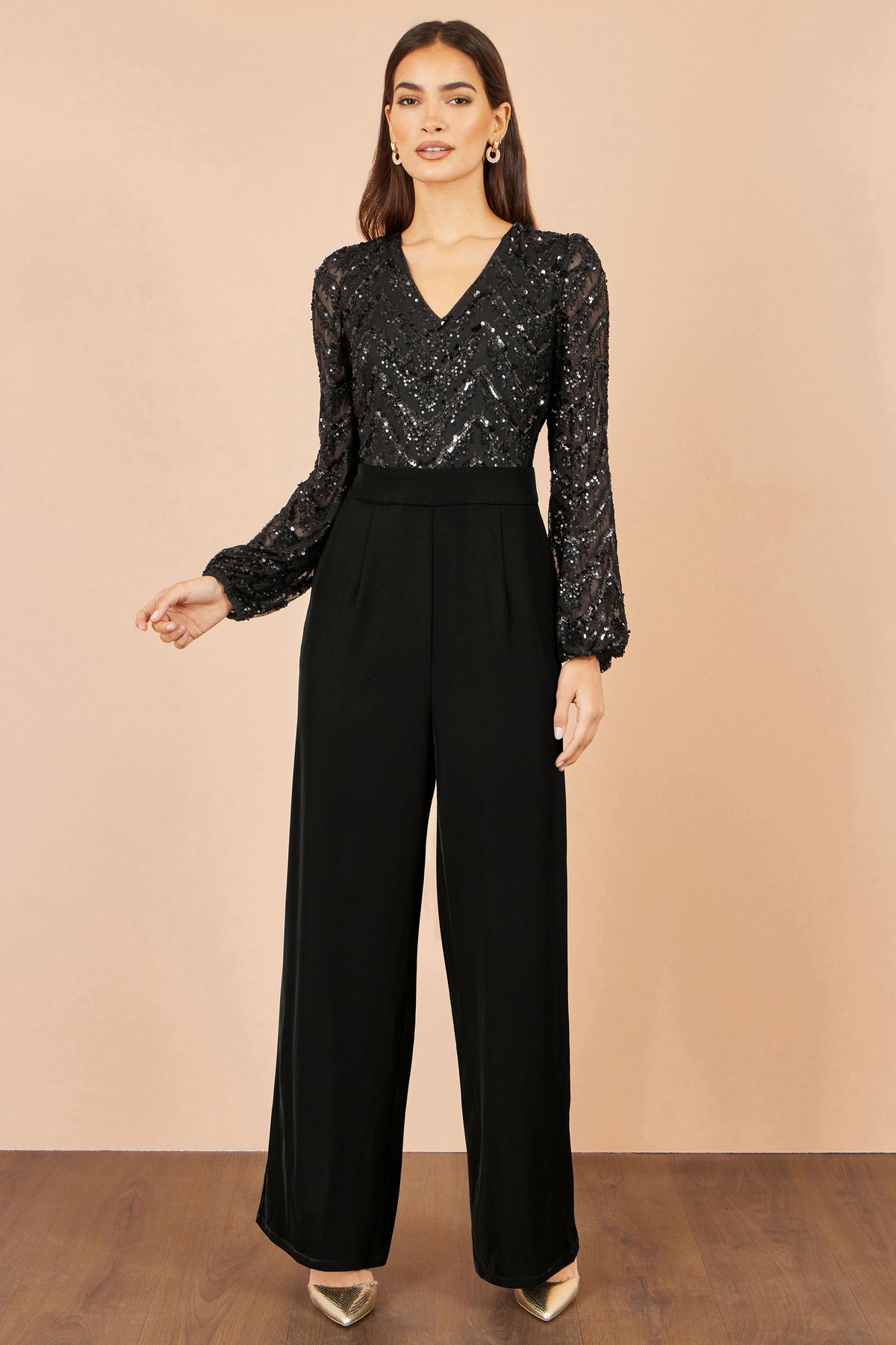 Yumi Black Sequin V Neck Jumpsuit Jumpsuit Yumi