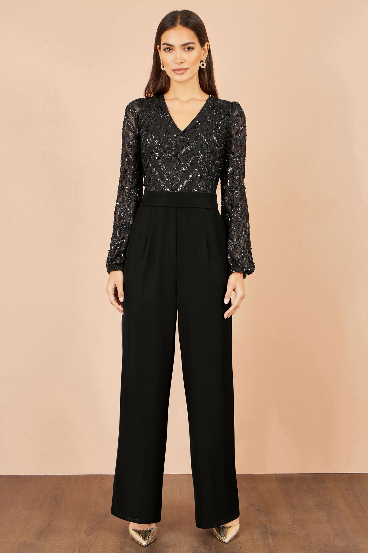 Yumi Black Sequin V Neck Jumpsuit Jumpsuit Yumi