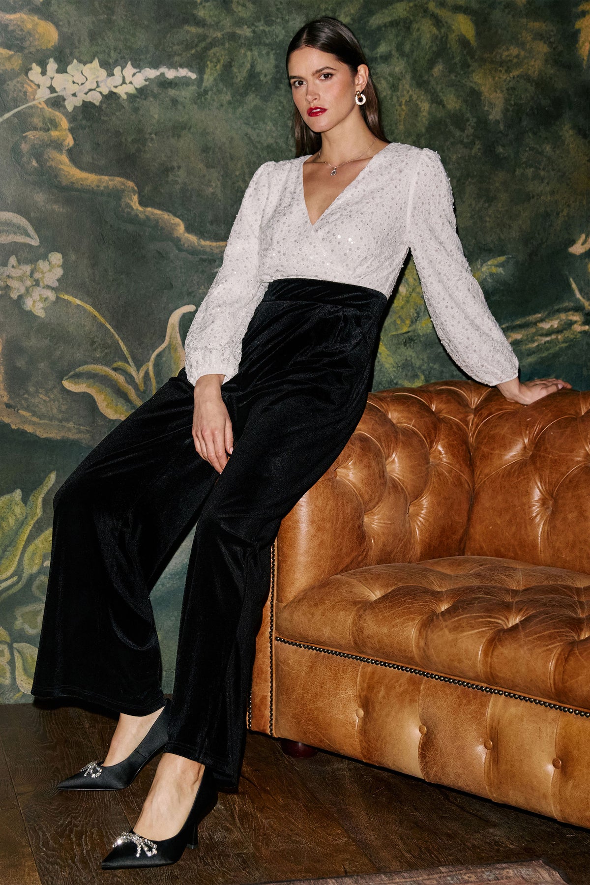 Yumi Ivory Embellished Pearl Sequin Velvet Jumpsuit Jumpsuit Yumi