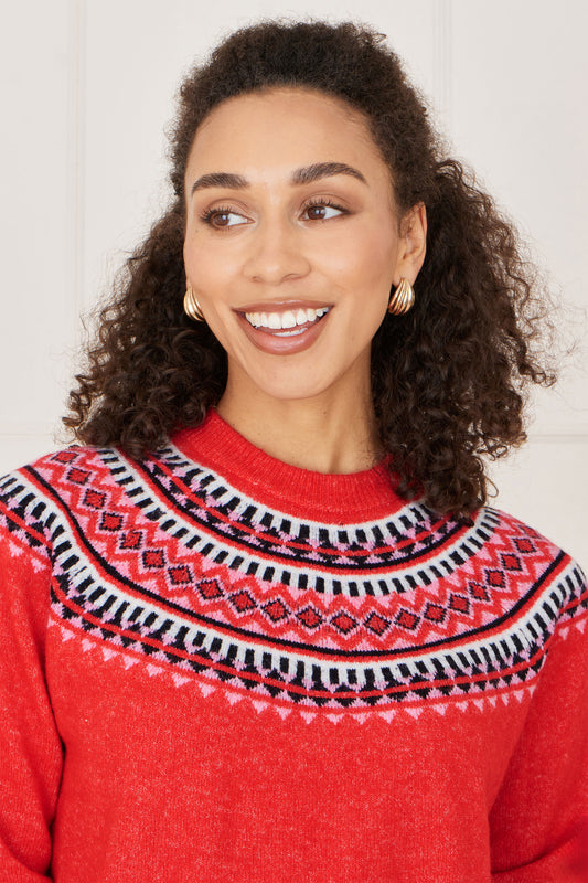 Yumi Red Relaxed Fairisle Jumper Knit Xmas Jumper Yumi