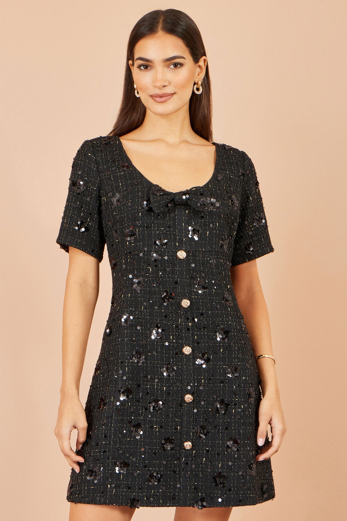 Yumi Black Boucle Sequin Bow Mini Dress Dress Party Yumi