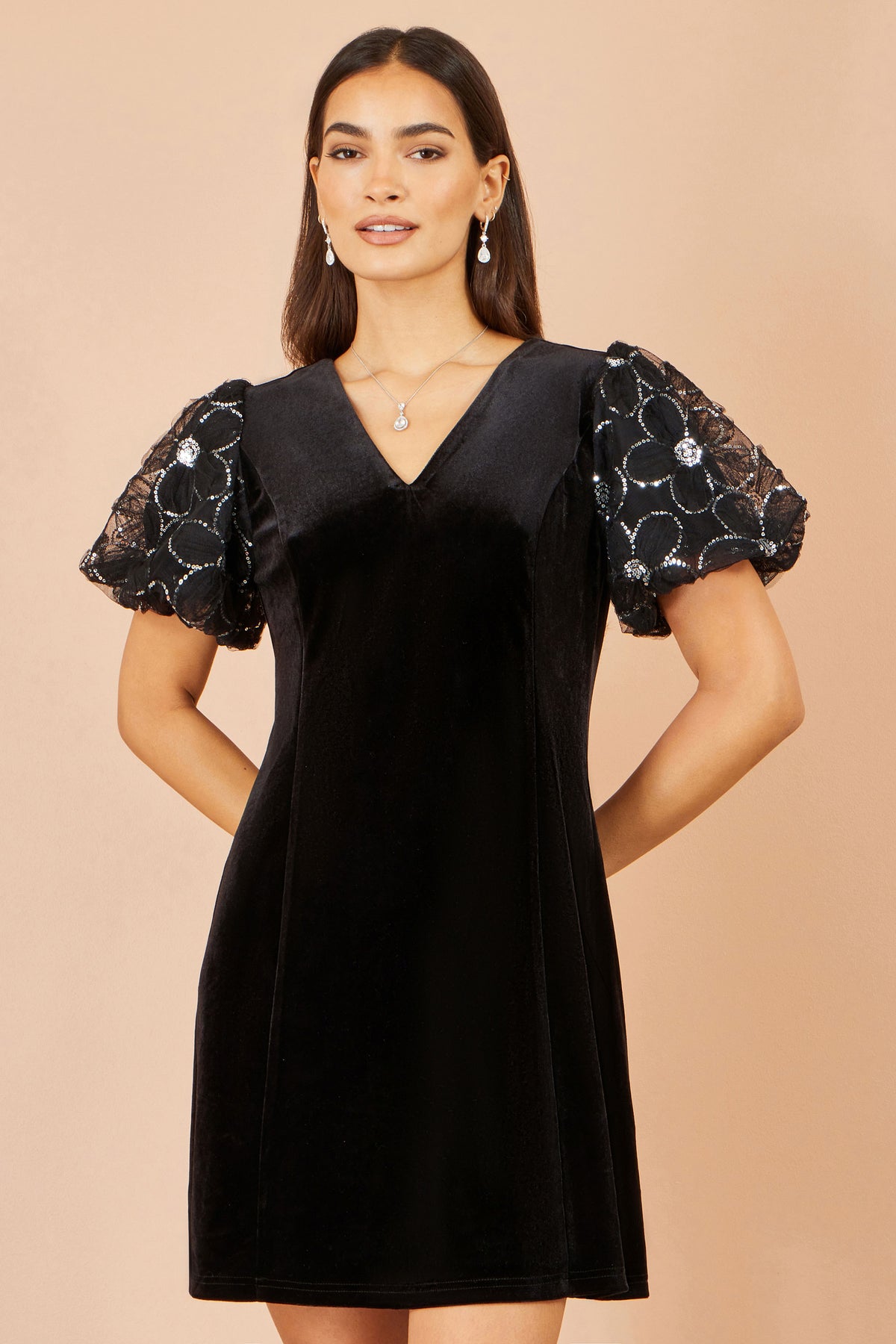 Yumi Black Velvet Tunic With Sequin Puff Sleeves Dress Party Yumi