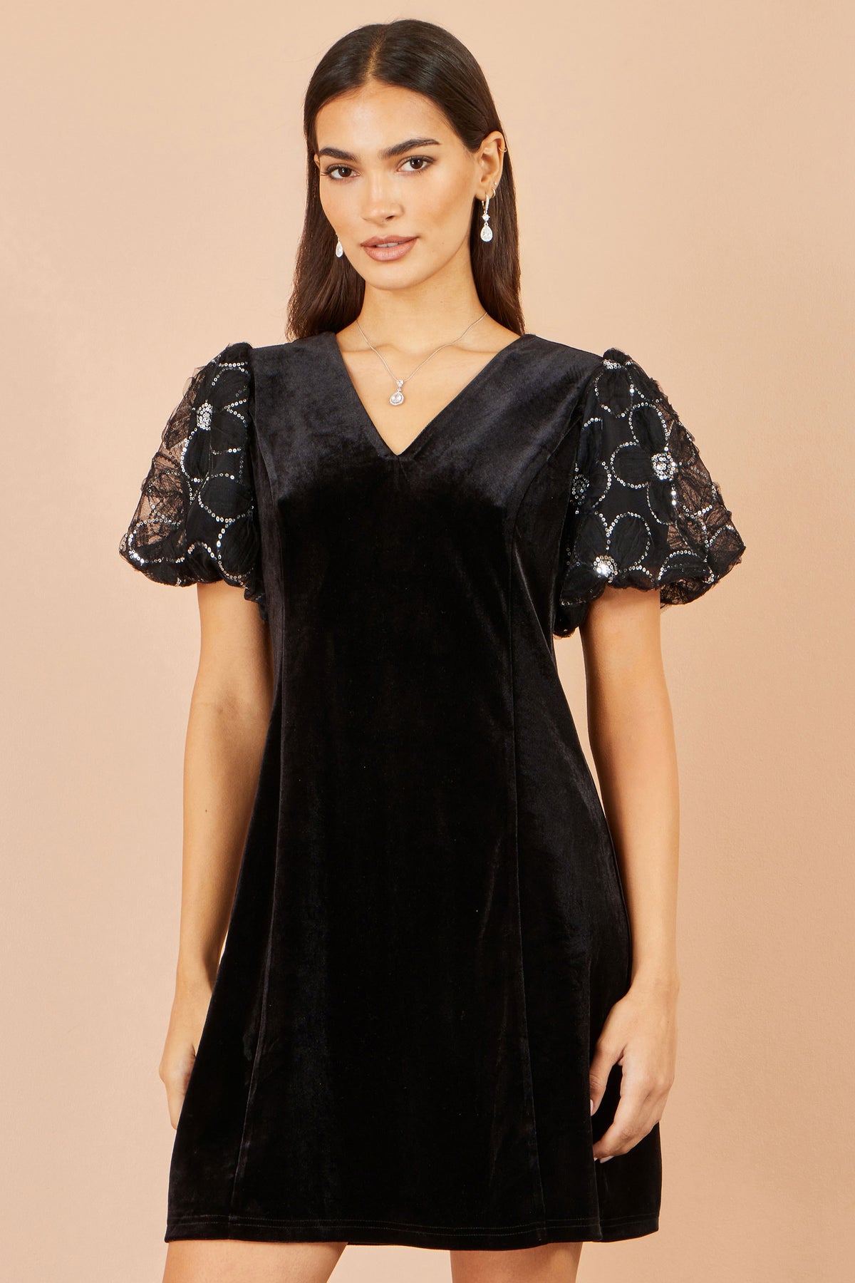 Yumi Black Velvet Tunic With Sequin Puff Sleeves Dress Party Yumi