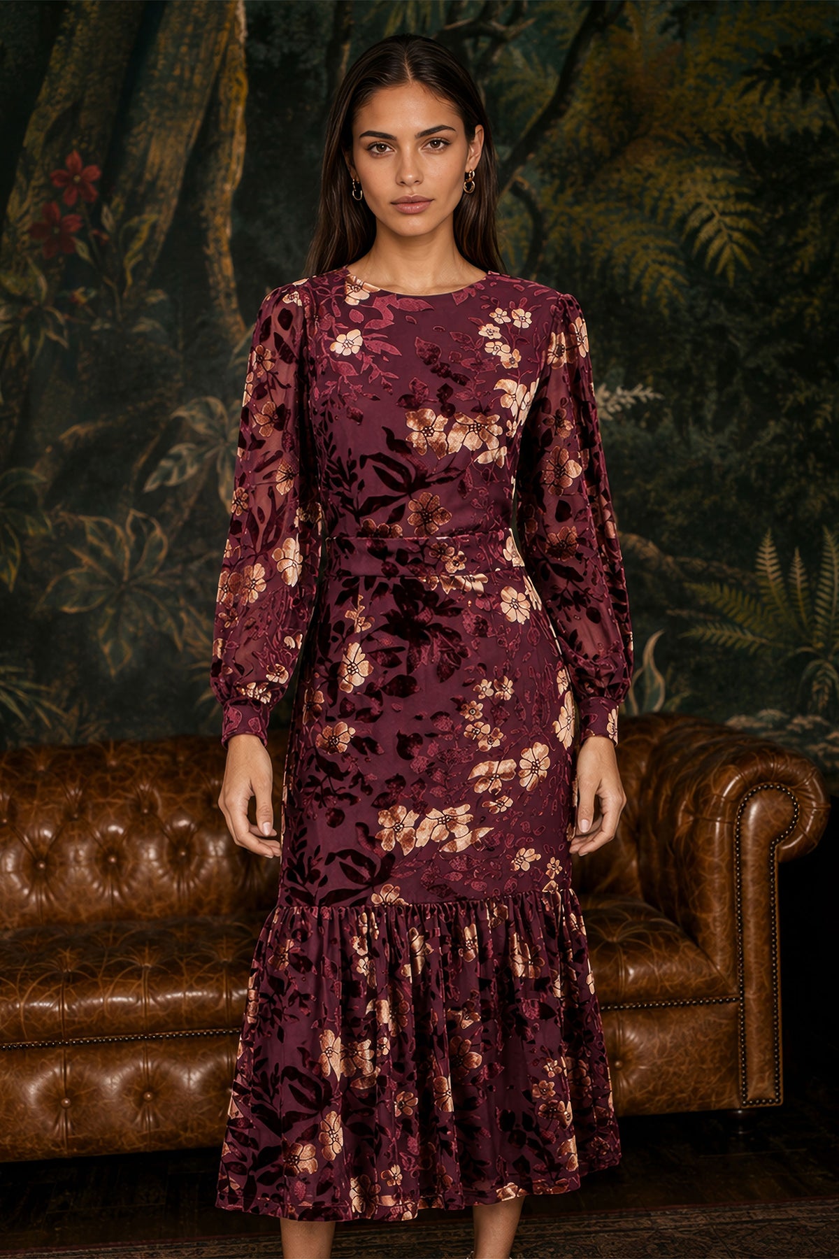 Yumi Burgundy Velvet Floral Midi Dress With Frill Dress Party Yumi