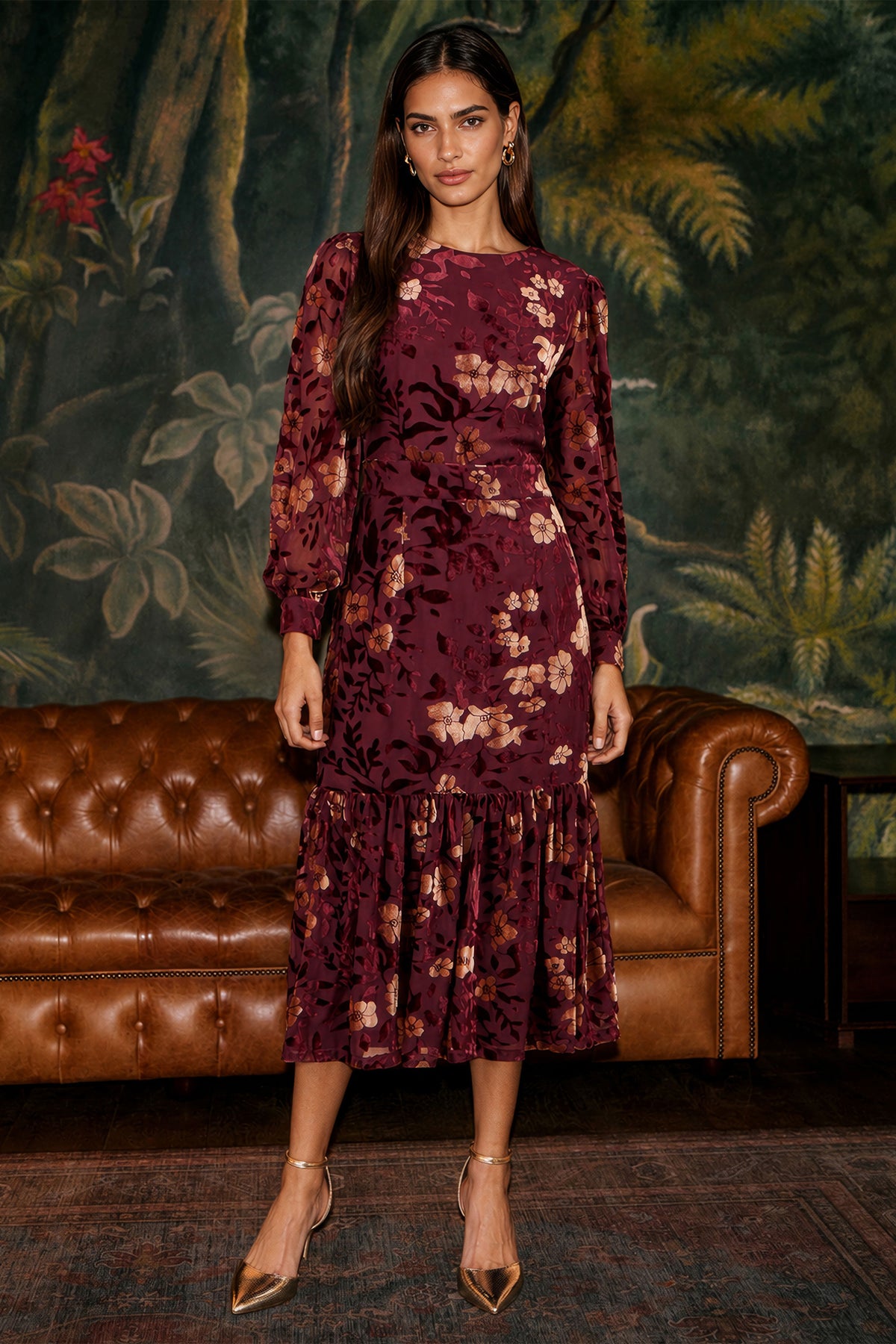 Yumi Burgundy Velvet Floral Midi Dress With Frill Dress Party Yumi