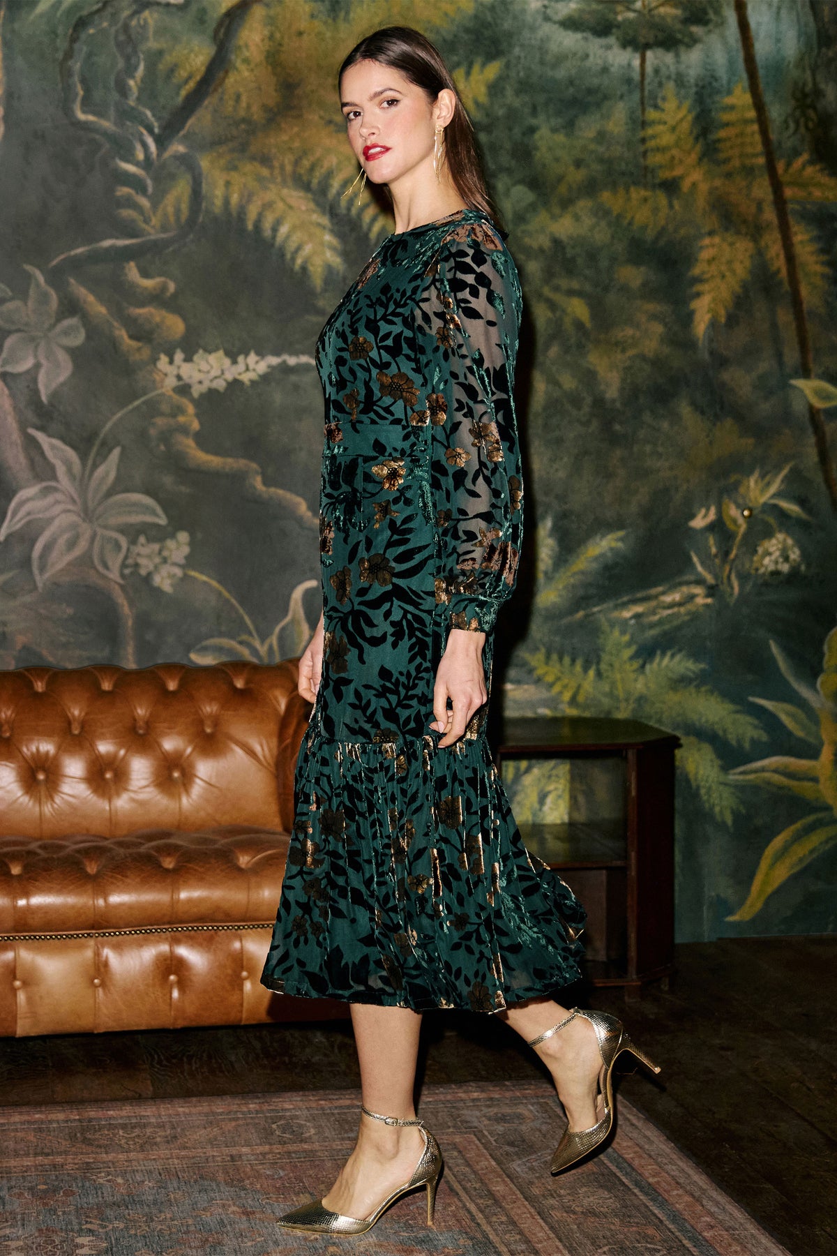 Yumi Green Velvet Floral Midi Dress With Frill Dress Party Yumi