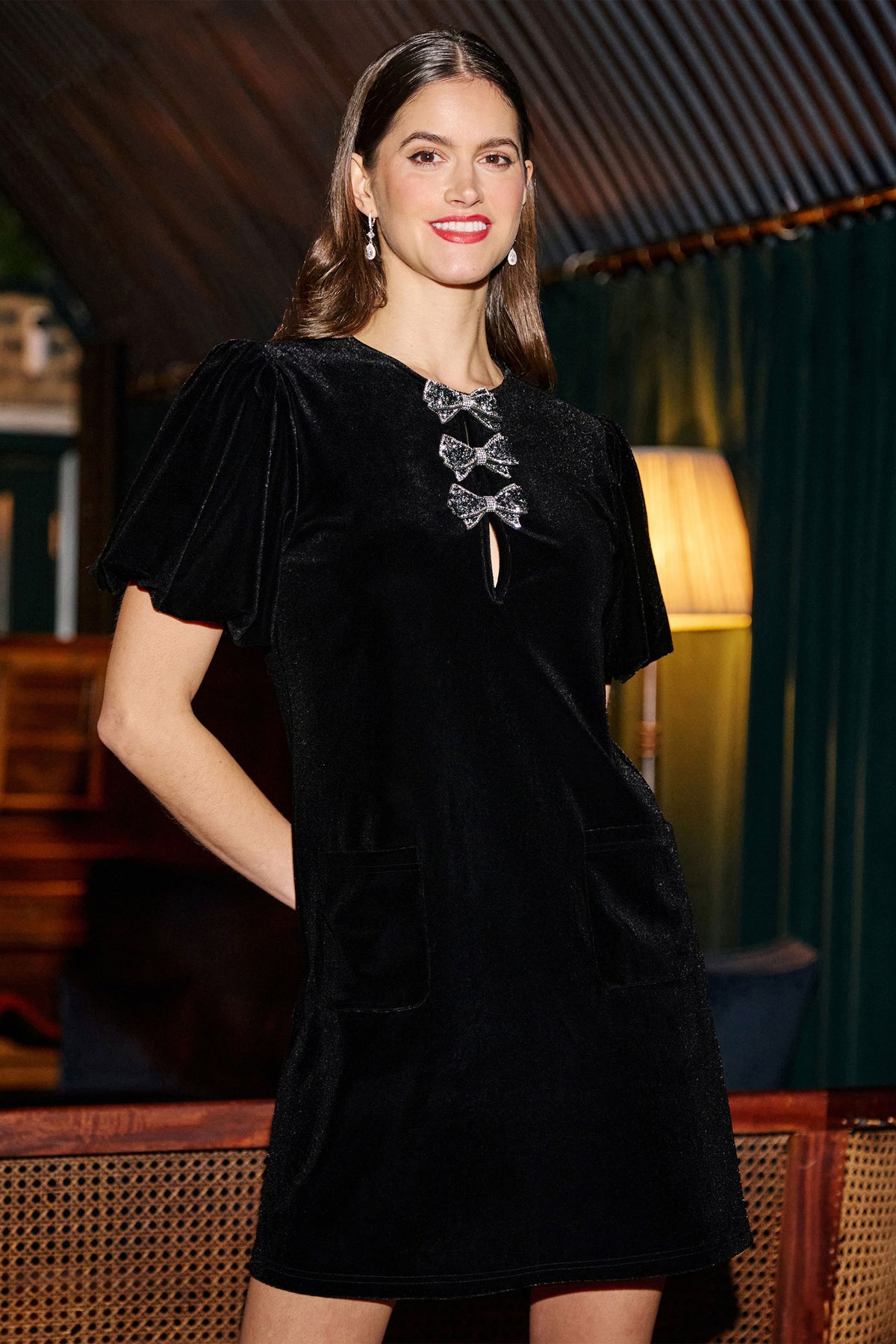 Yumi Black Velvet Embellished Bow Tunic Dress Dress Party Yumi