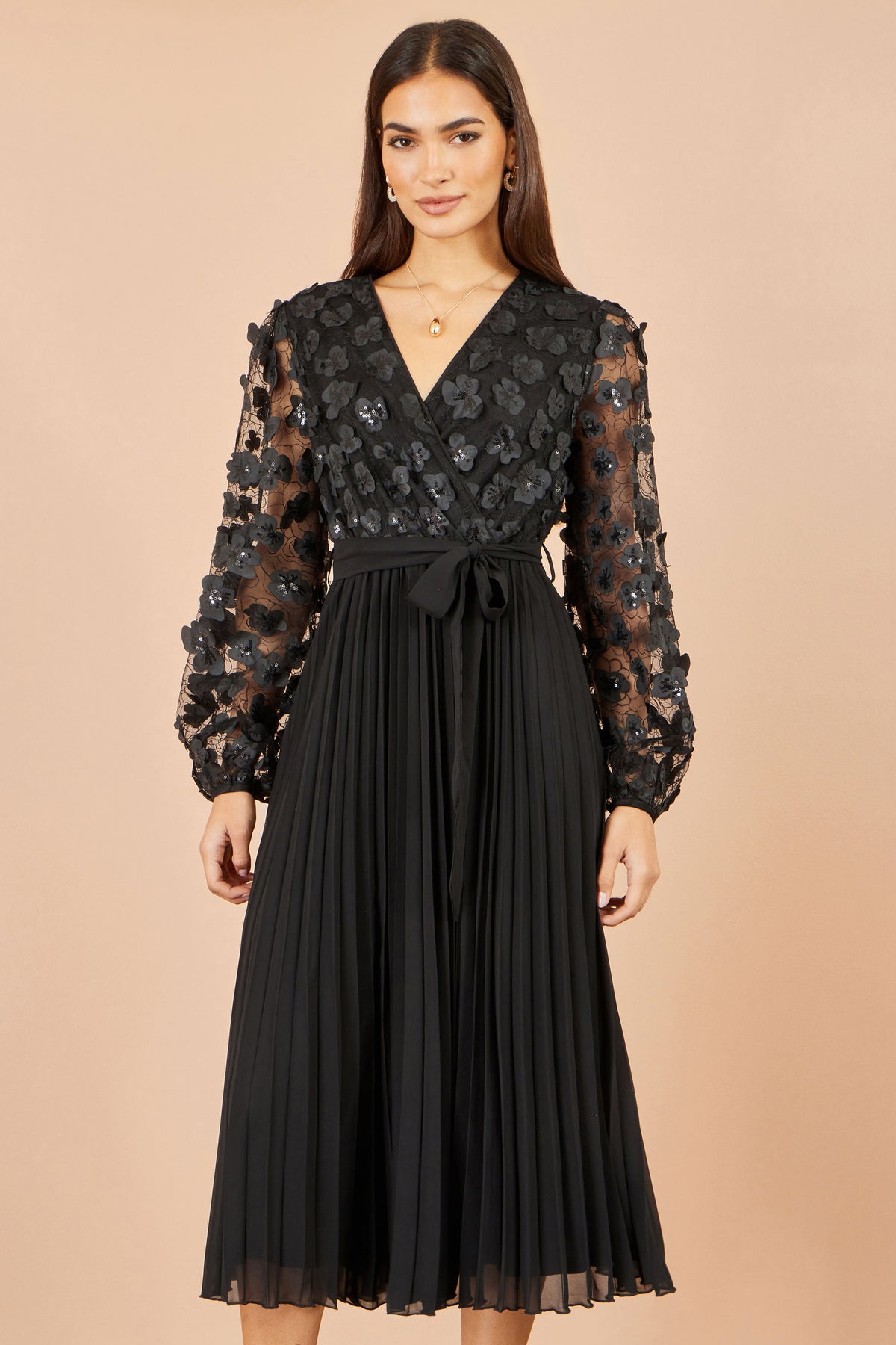 Yumi Black Applique Flower Pleated Midi Dress Dress Party Yumi