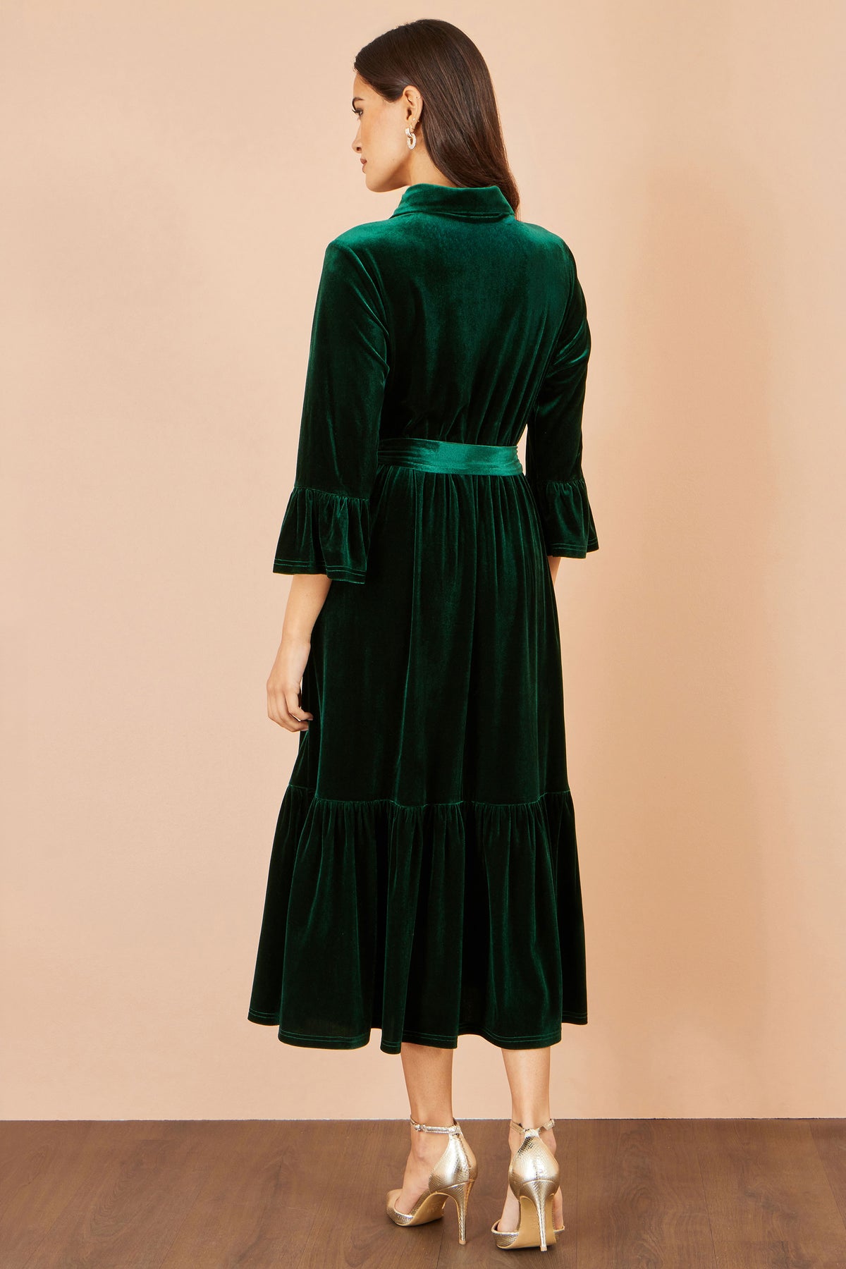 Yumi Green Velvet Midi Dress With Fluted Sleeves Dress Party Yumi