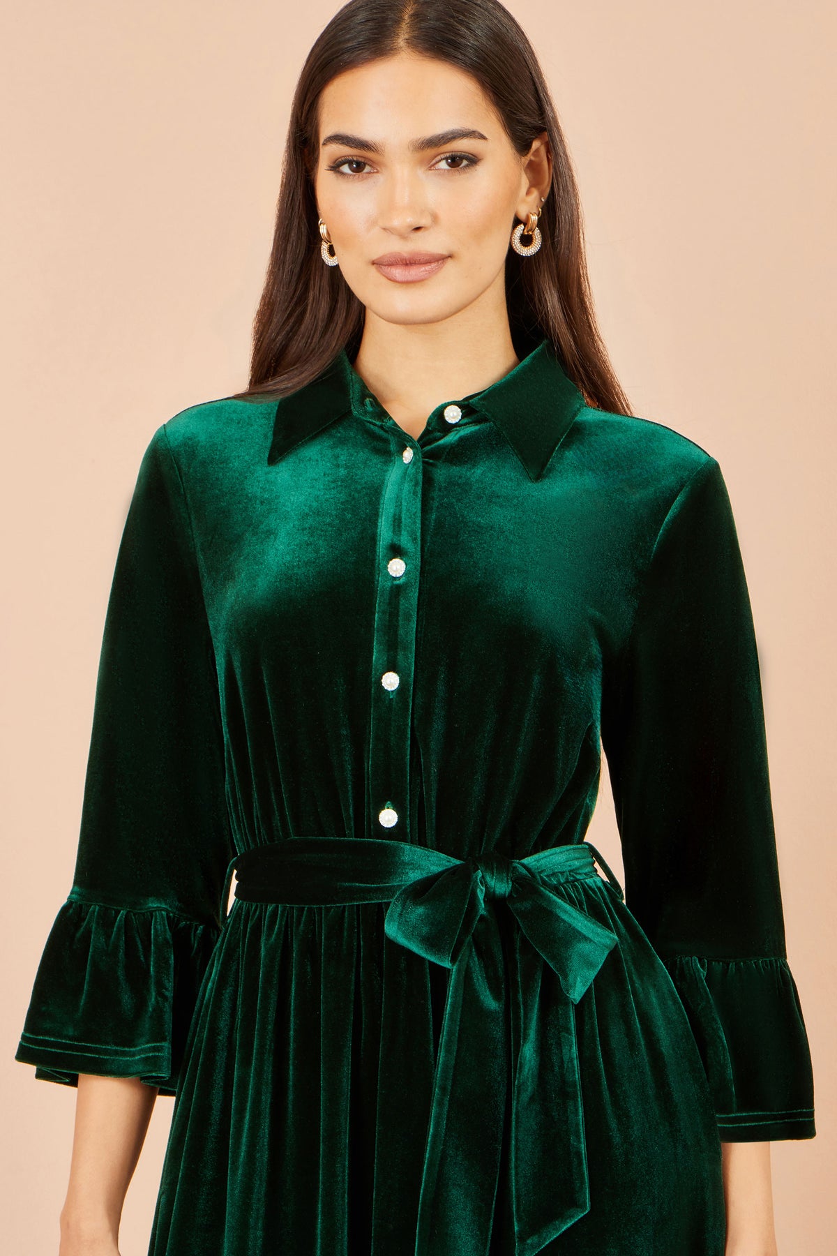 Yumi Green Velvet Midi Dress With Fluted Sleeves Dress Party Yumi