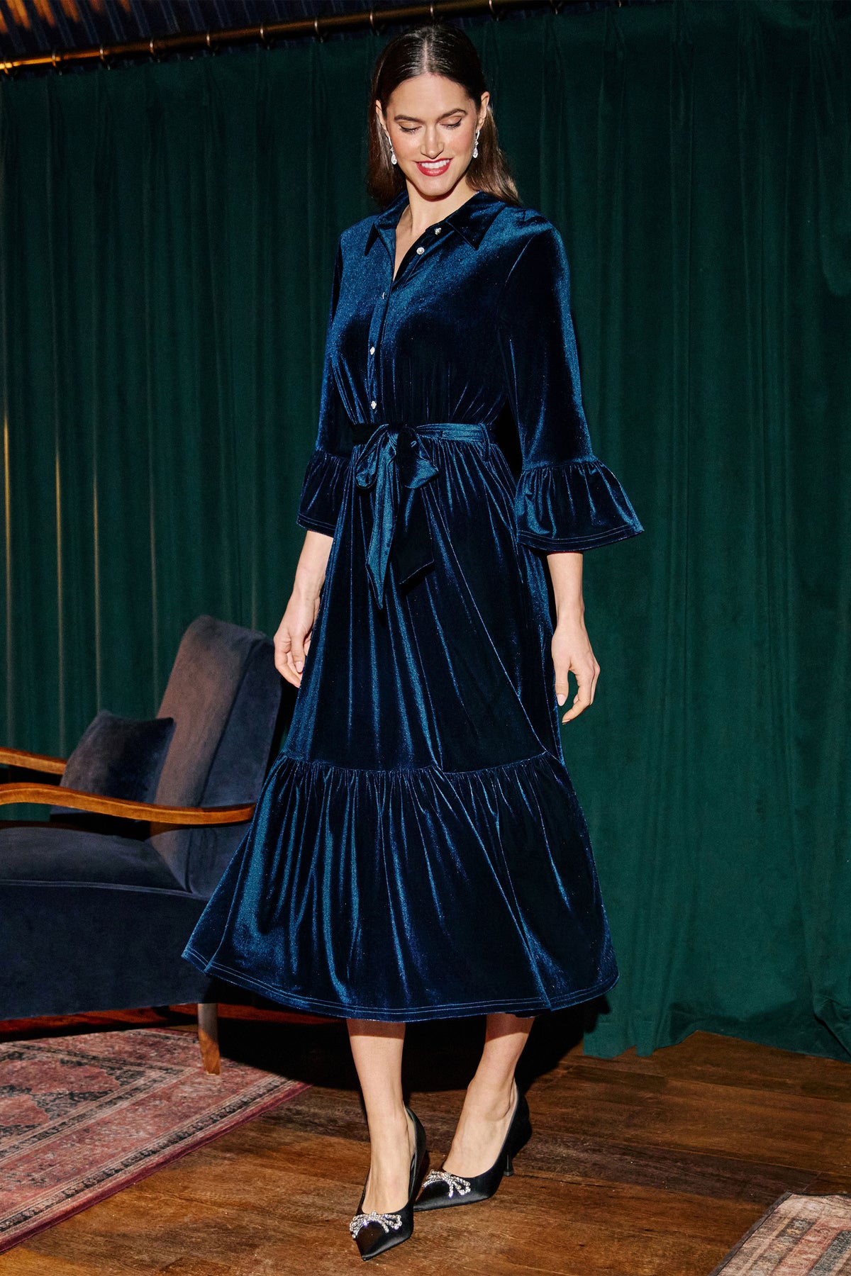 Yumi Teal Velvet Midi Dress With Fluted Sleeves Dress Party Yumi