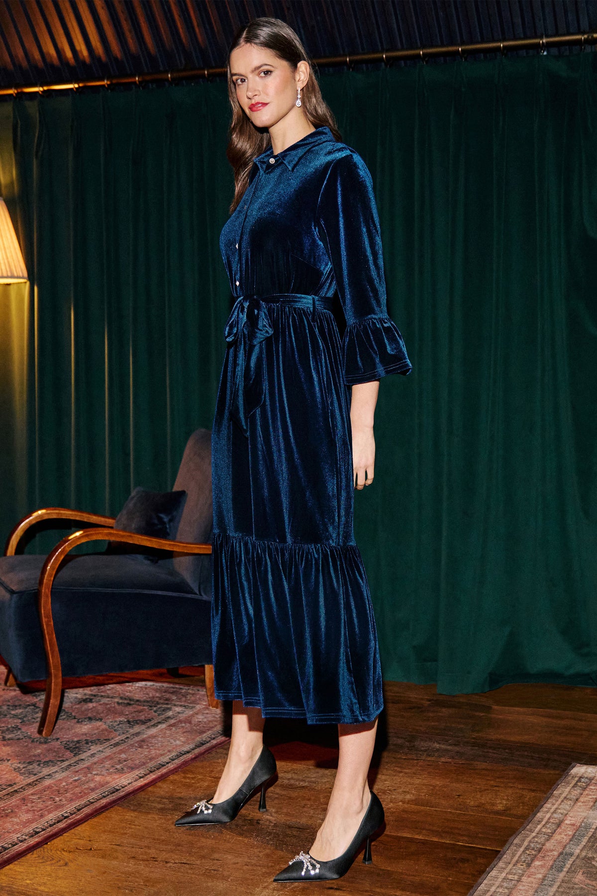 Yumi Teal Velvet Midi Dress With Fluted Sleeves Dress Party Yumi