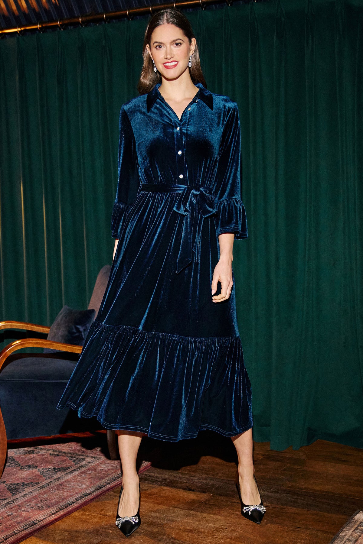 Yumi Teal Velvet Midi Dress With Fluted Sleeves Dress Party Yumi